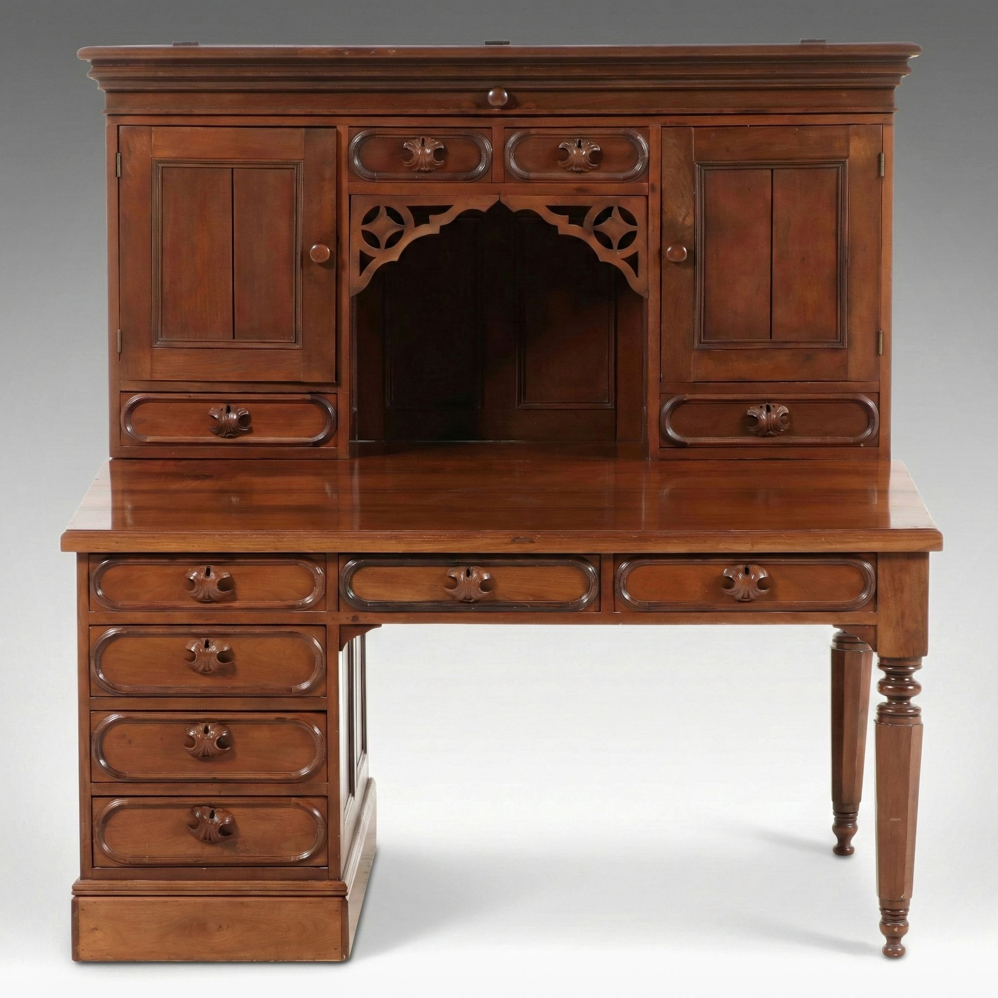 Victorian Gothic Revival Walnut Secretary Desk, Mid to Late 19th Century