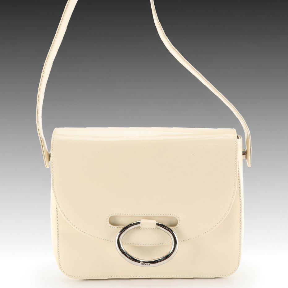 Prada Small Ring-Flap Shoulder Bag in Ivory Patent Leather