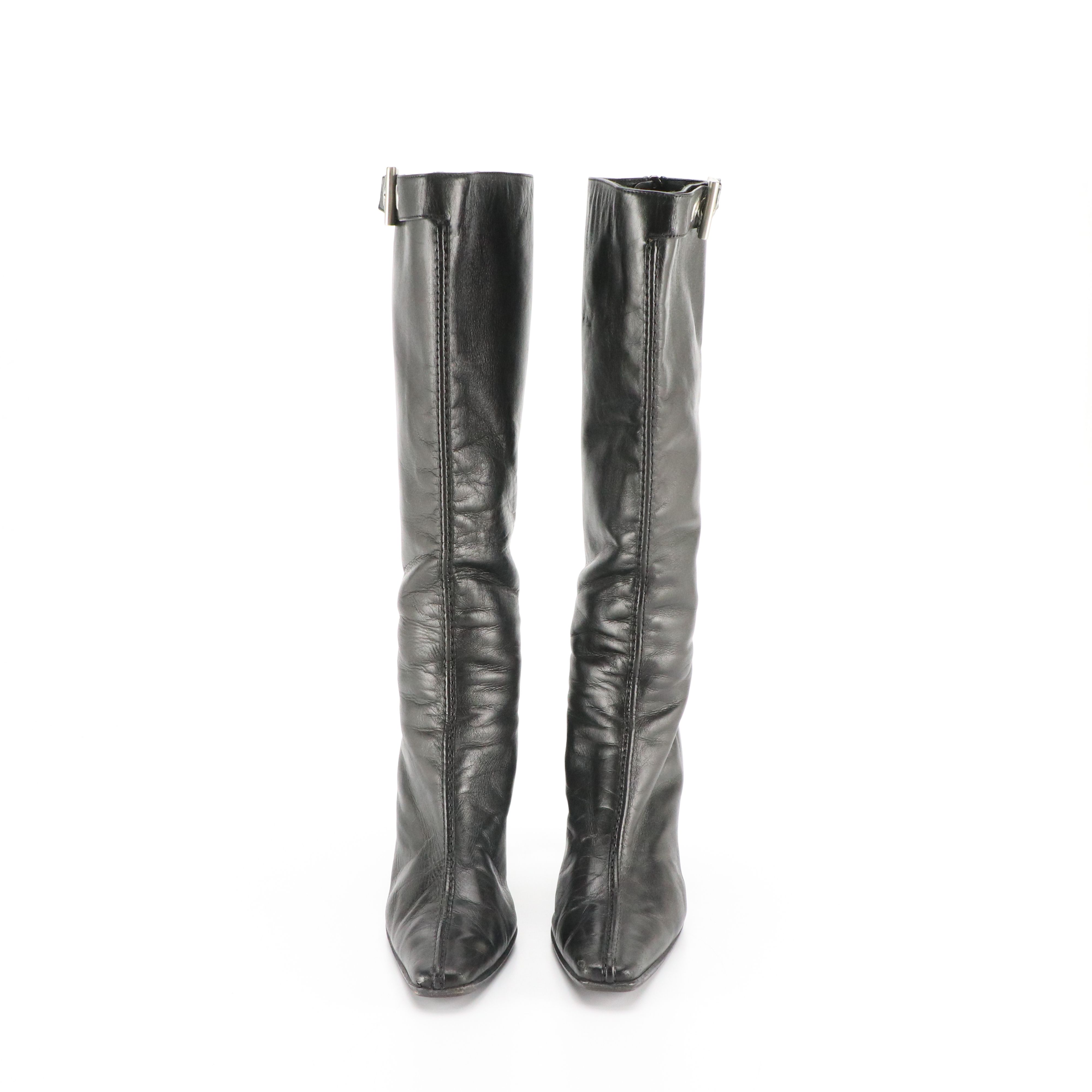 Prada Pointed-Toe Mid-Calf Boots in Black Lambskin Leather with Buckle Details