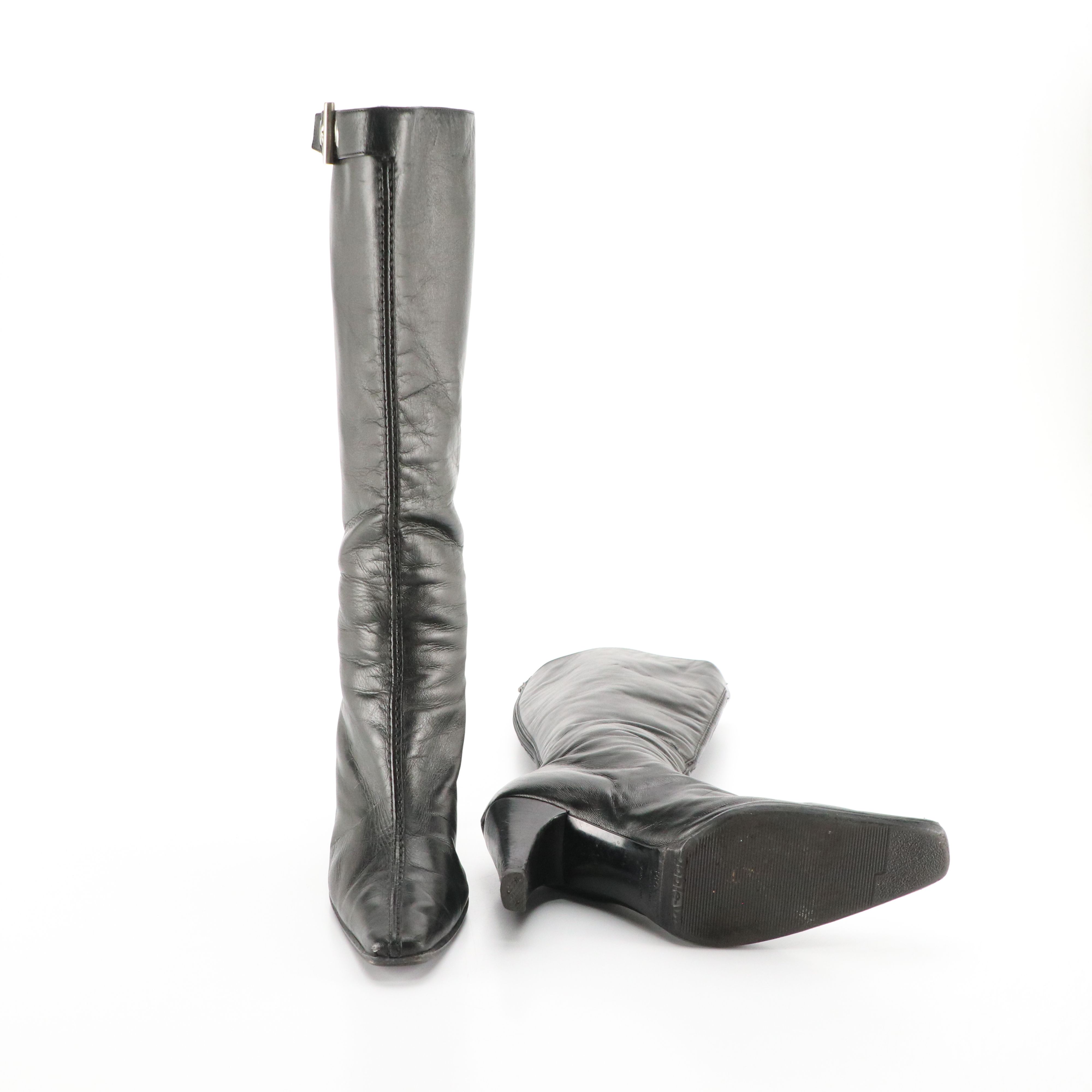 Prada Pointed-Toe Mid-Calf Boots in Black Lambskin Leather with Buckle Details