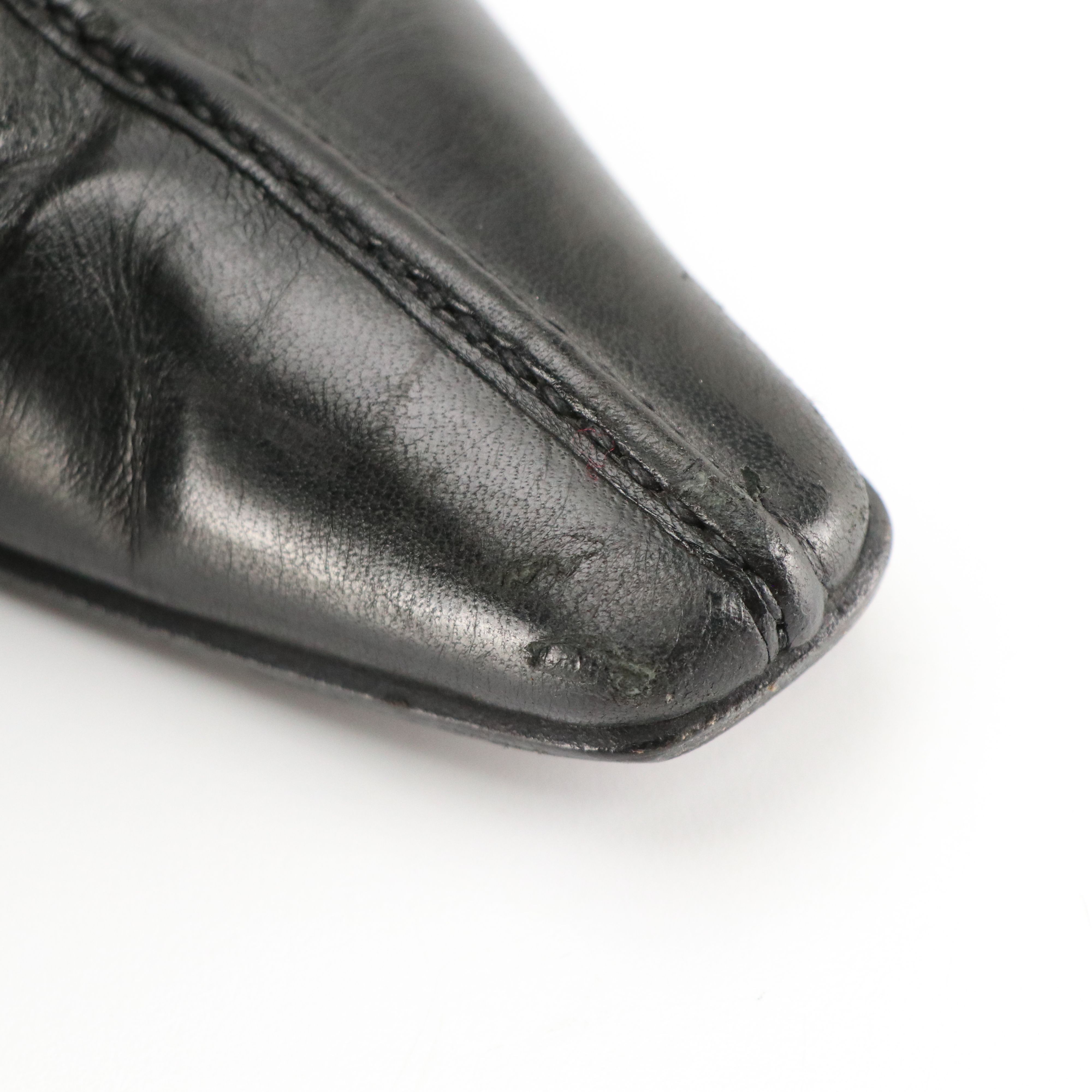 Prada Pointed-Toe Mid-Calf Boots in Black Lambskin Leather with Buckle Details