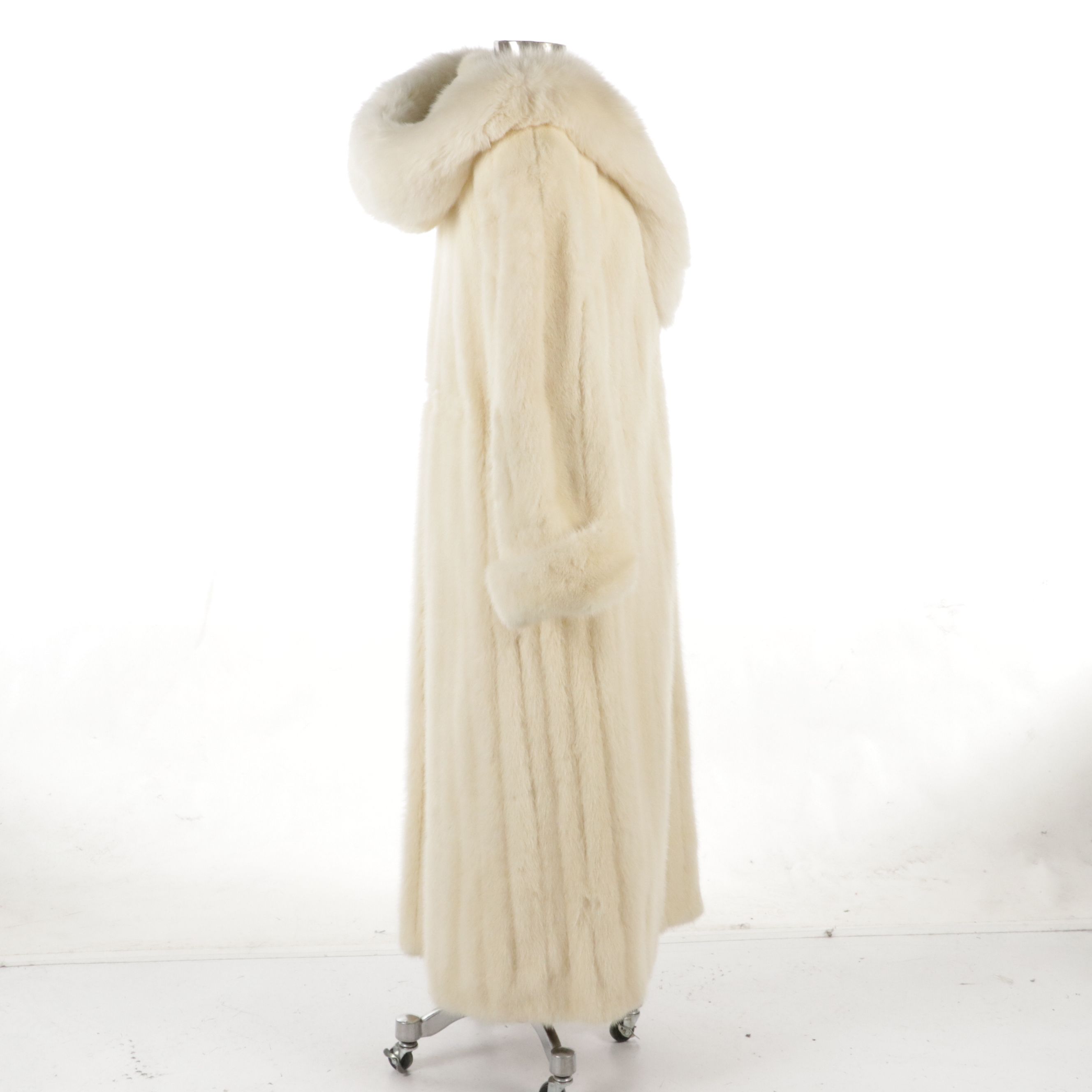 Christian Dior White Mink Fur Long Coat with Arctic Fox Fur Trimmed Hood