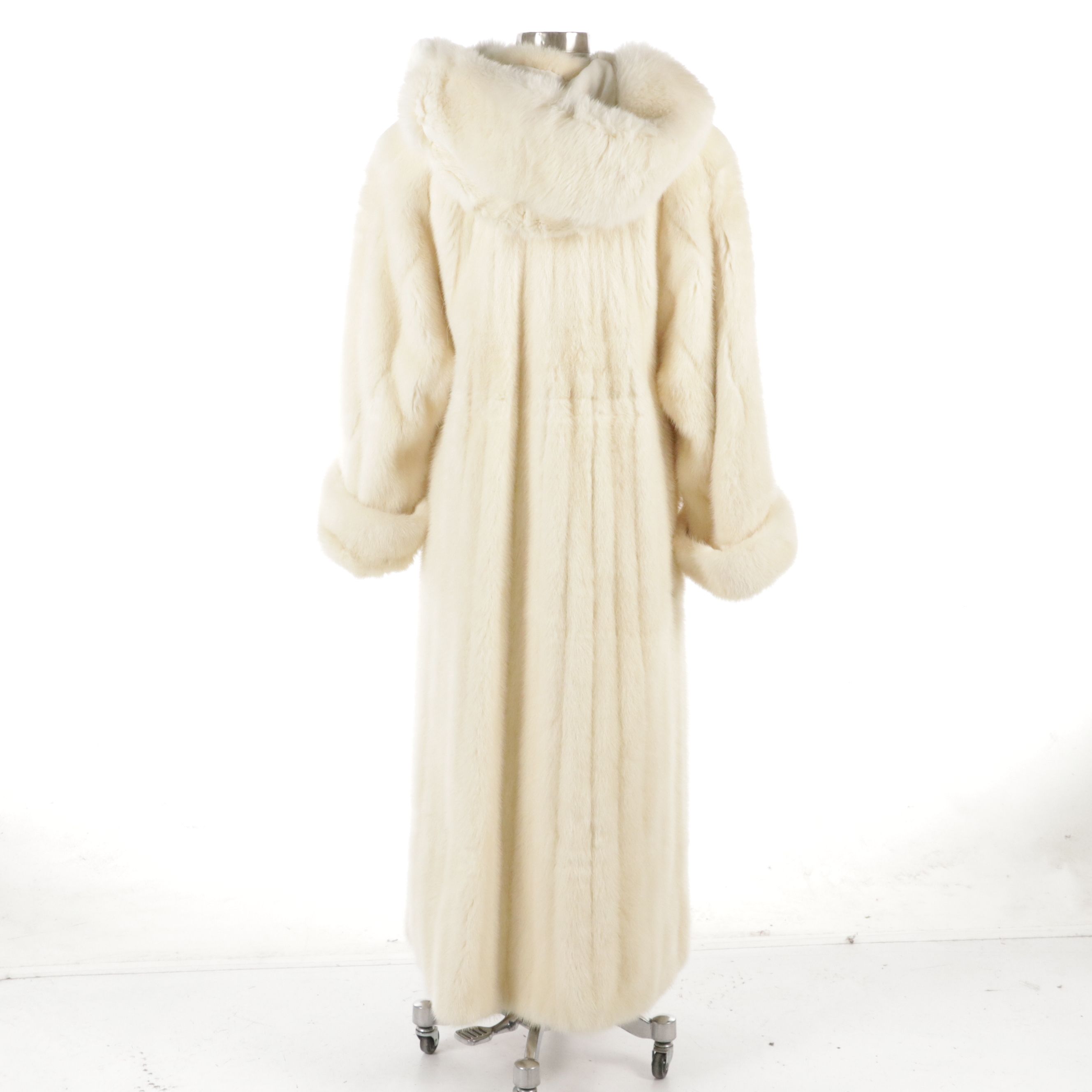 Christian Dior White Mink Fur Long Coat with Arctic Fox Fur Trimmed Hood