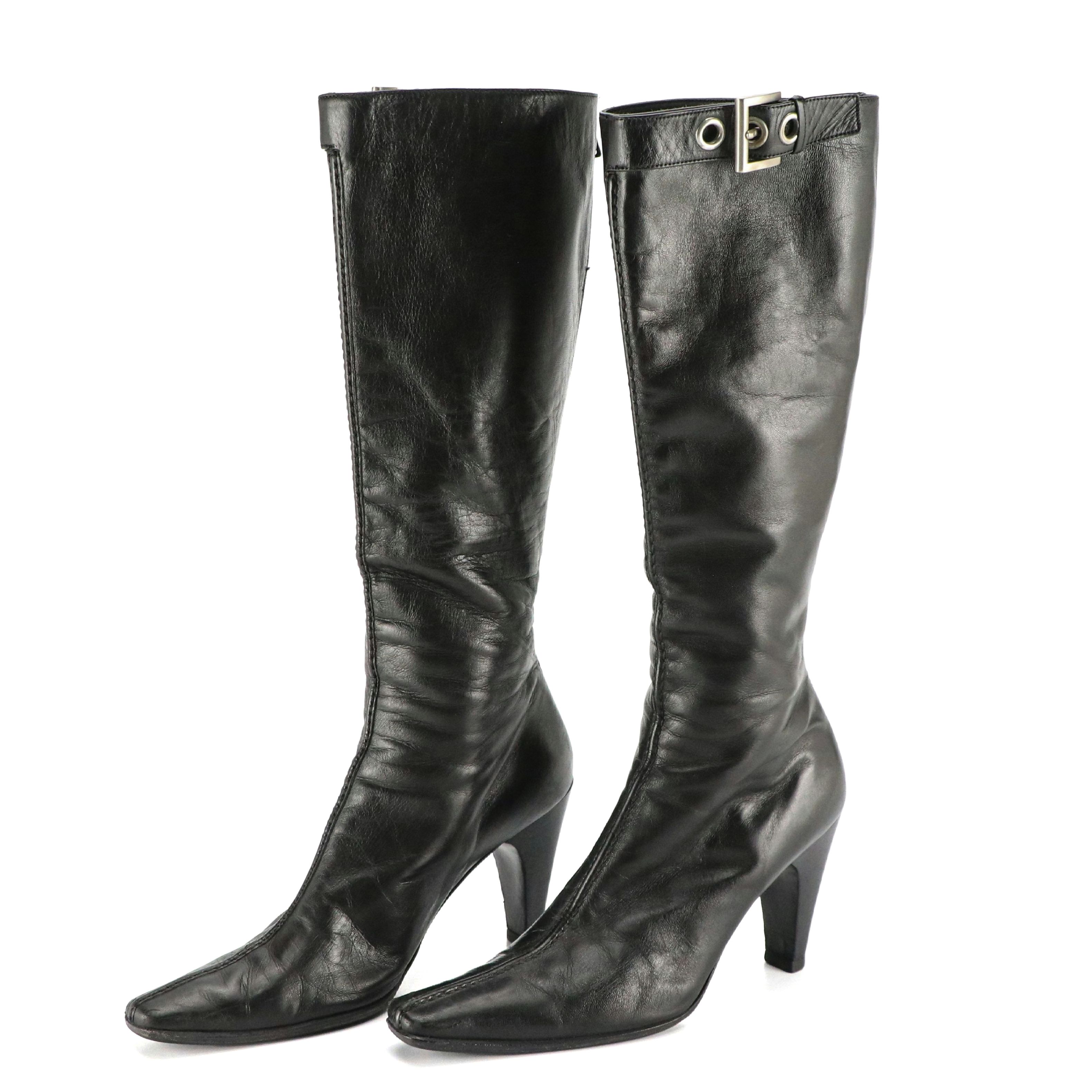 Prada Pointed-Toe Mid-Calf Boots in Black Lambskin Leather with Buckle Details