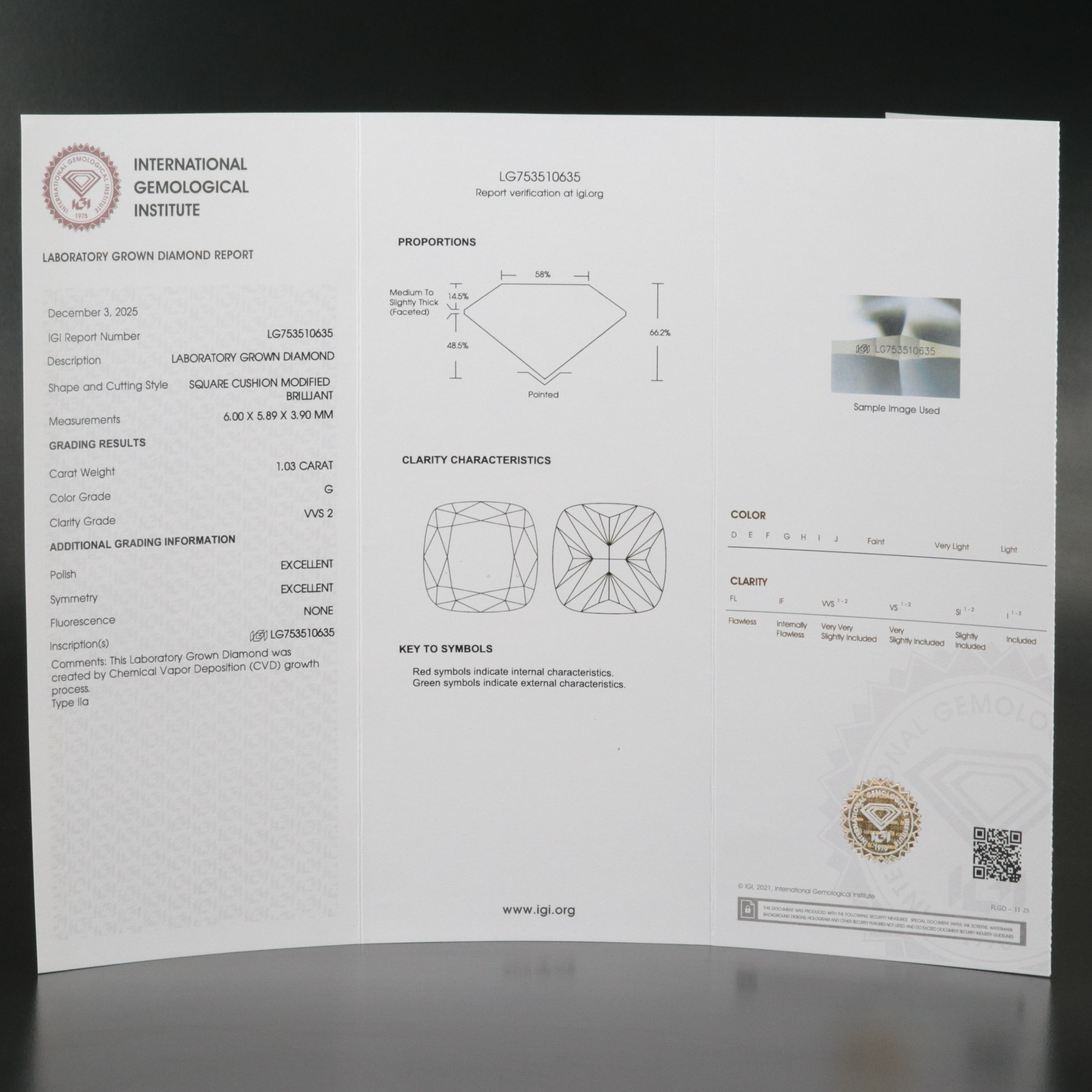 Loose 1.03 CT Lab Grown Diamond with IGI Report