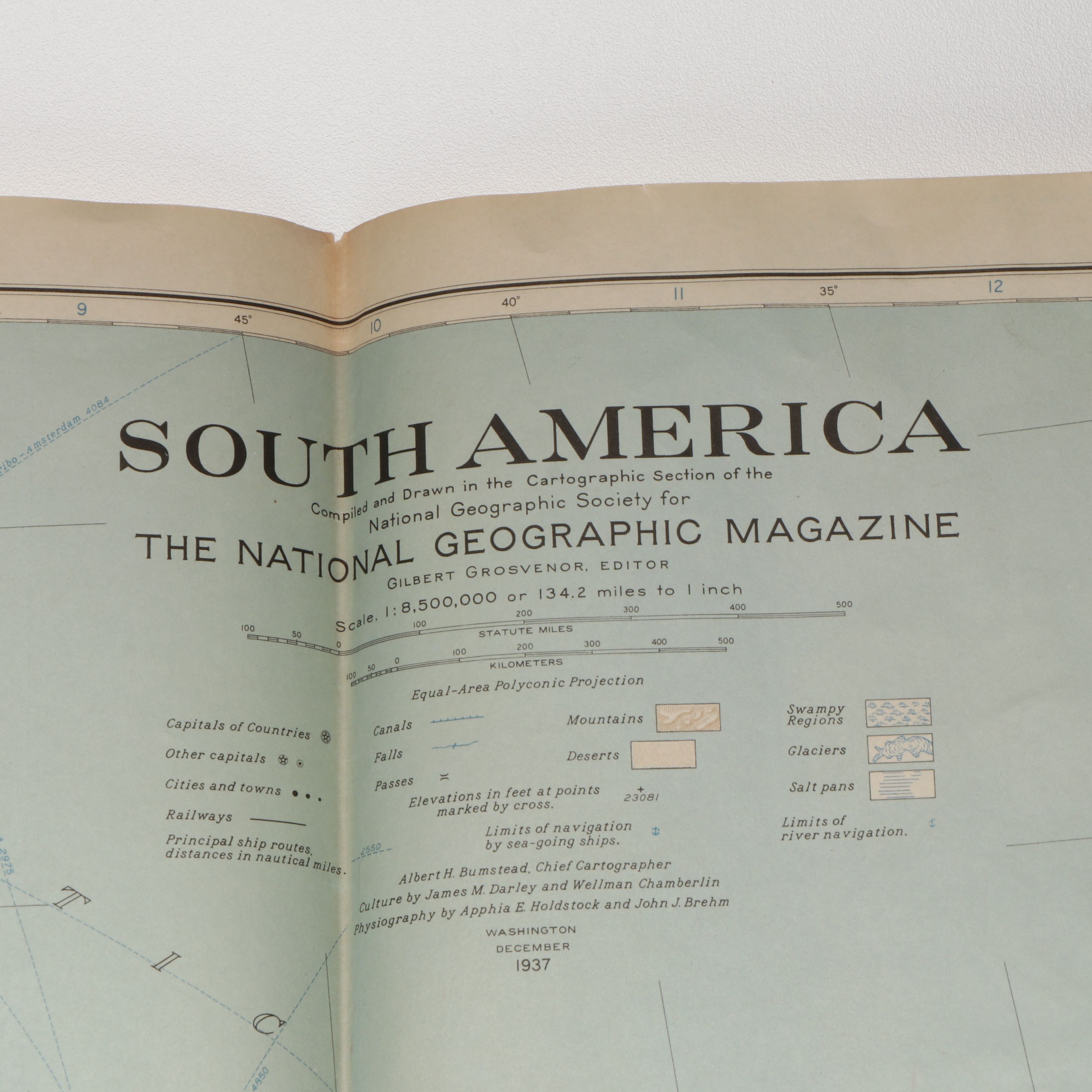 National Geographic Magazine "South America" Color Lithograph Map, 1937