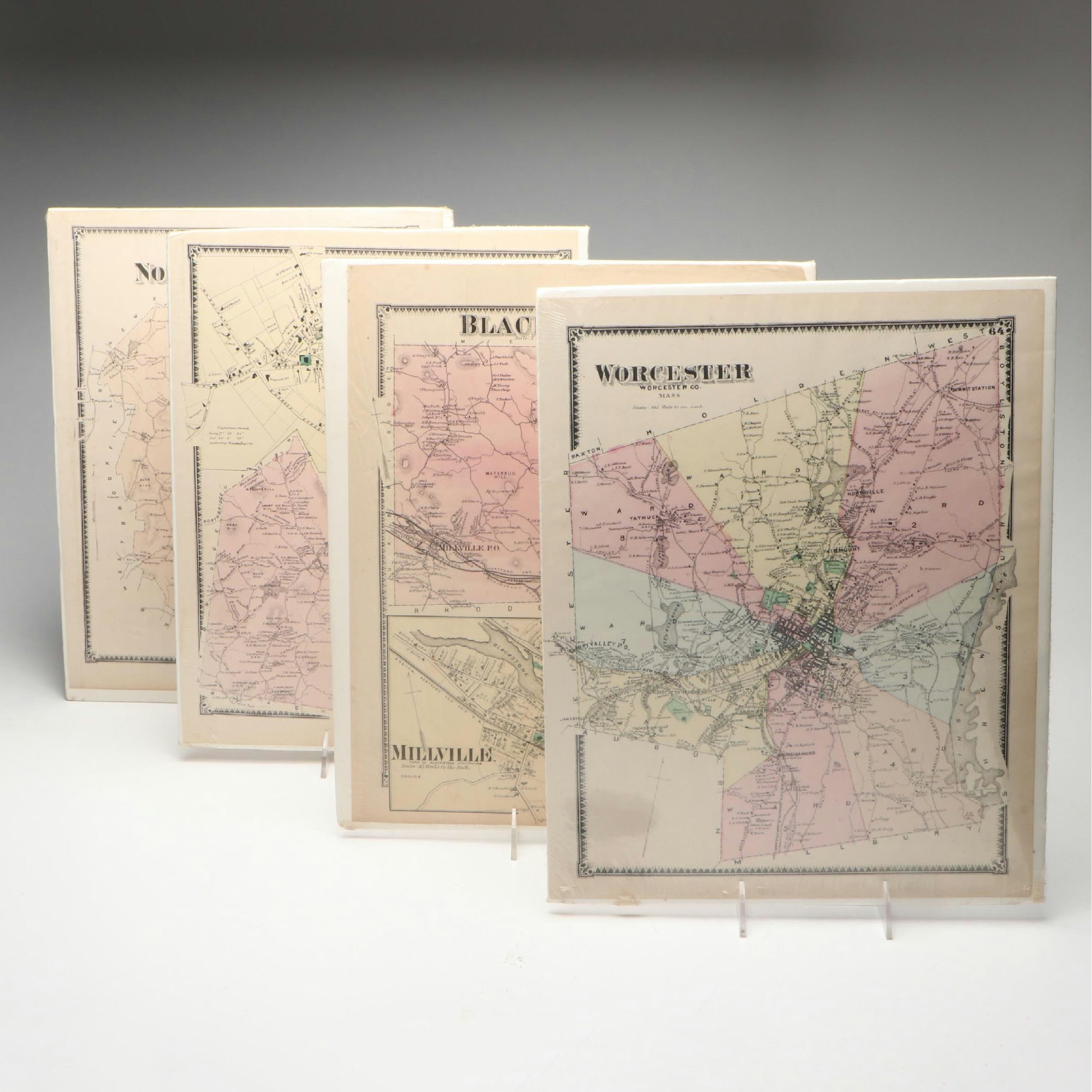 Hand-Colored Engraved Worcester County Massachusetts Maps, 1870
