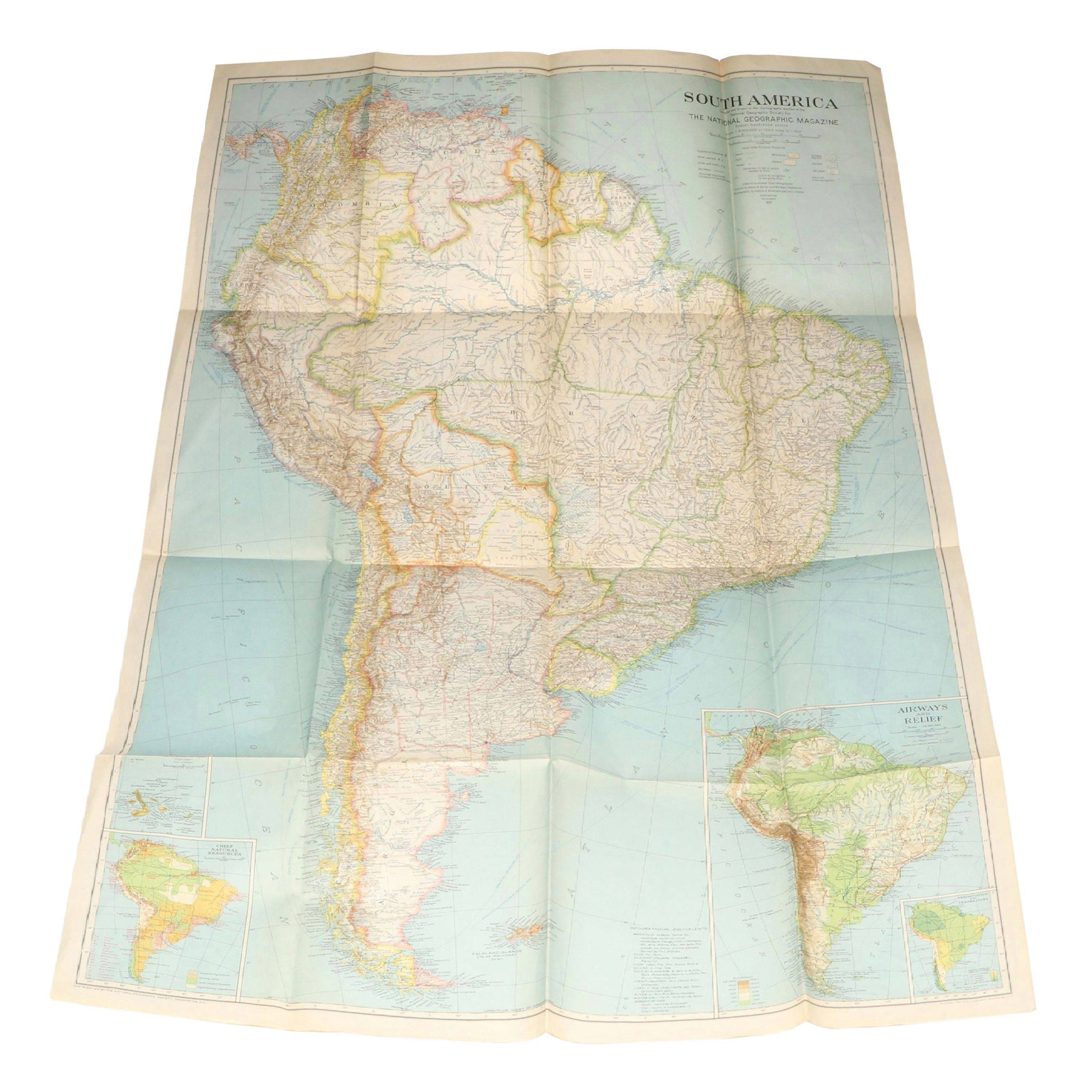 National Geographic Magazine "South America" Color Lithograph Map, 1937