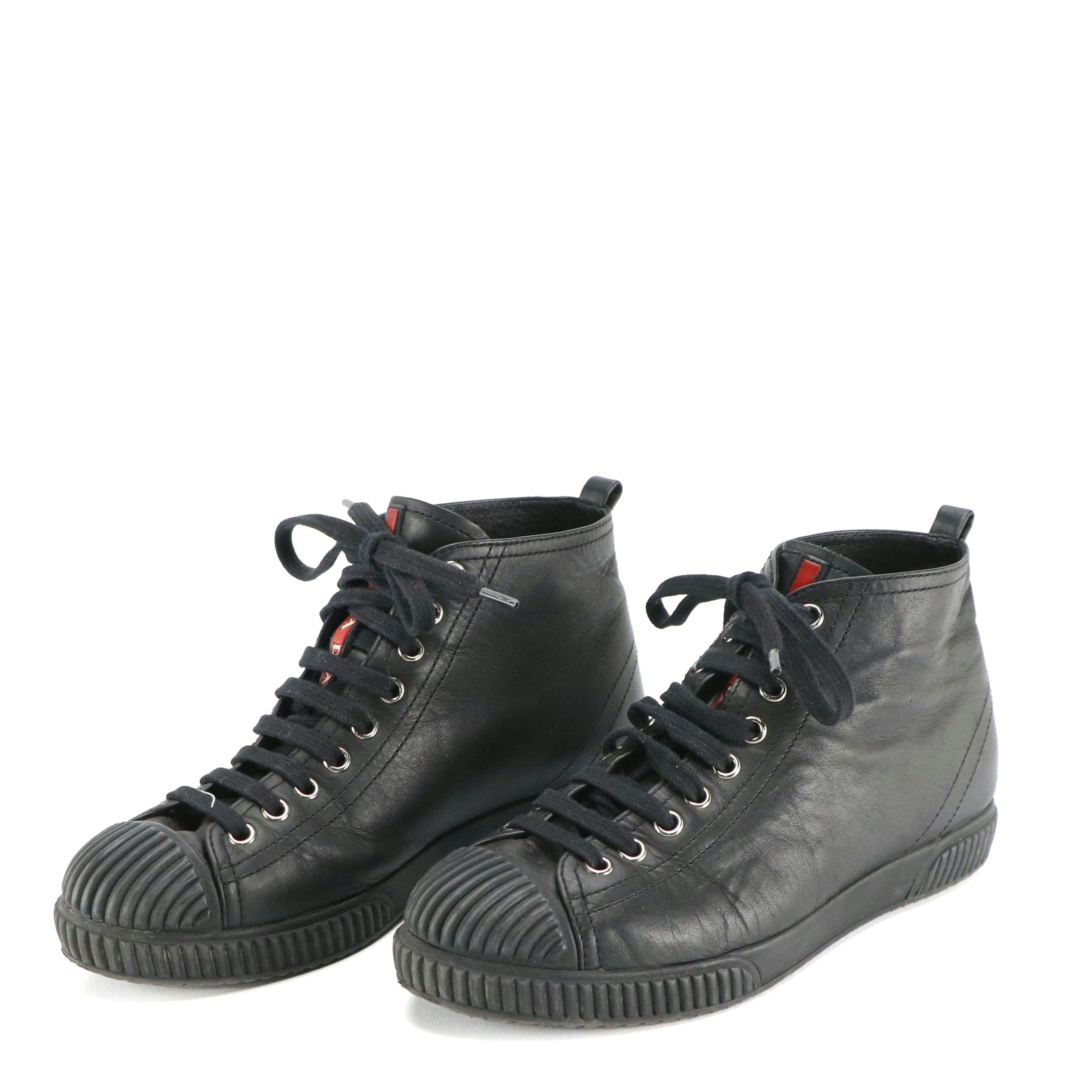 Prada High-Top Sneakers in Black Lambskin Leather
