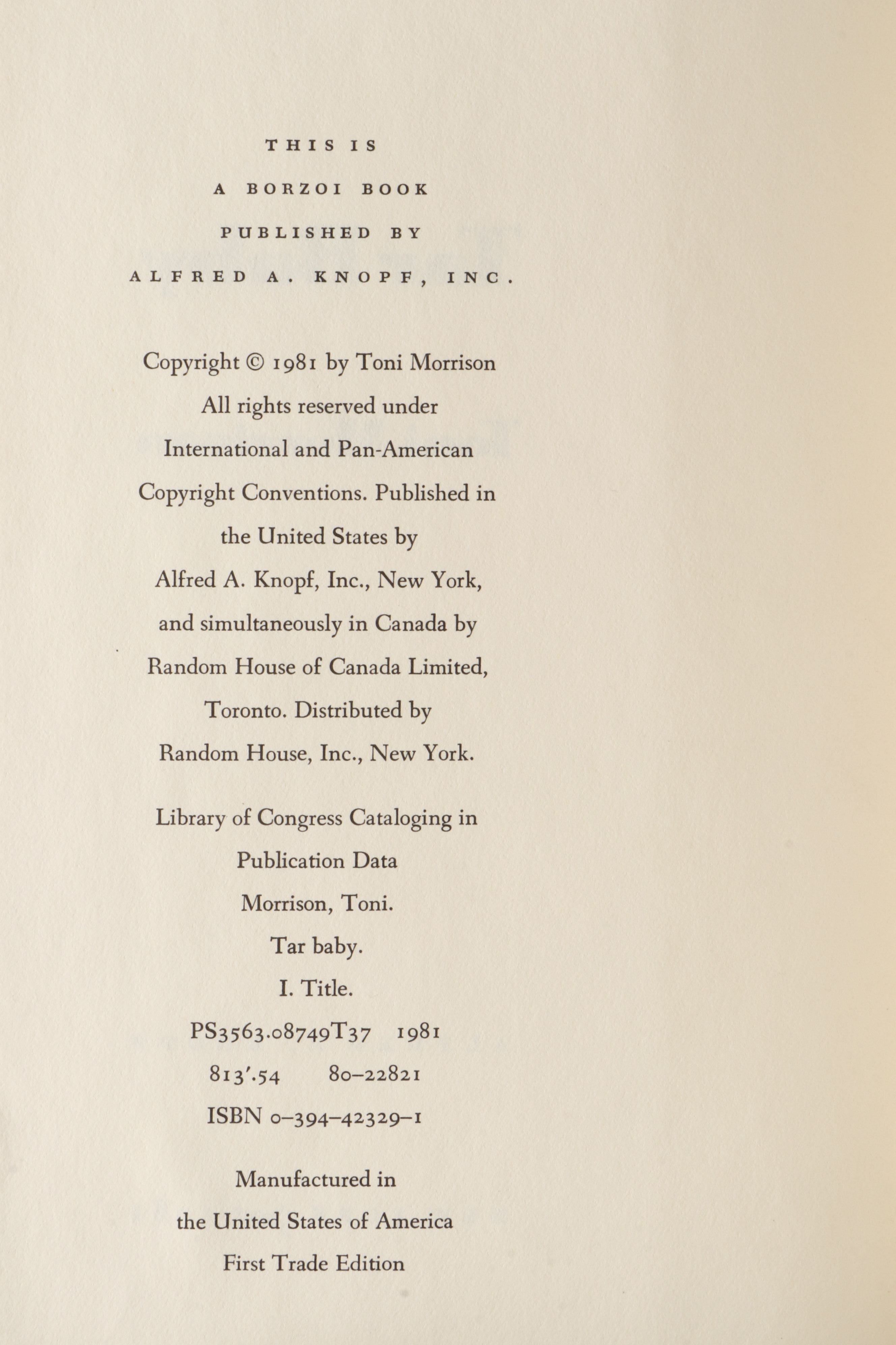 First Trade Edition "Tar Baby" by Toni Morrison, 1981