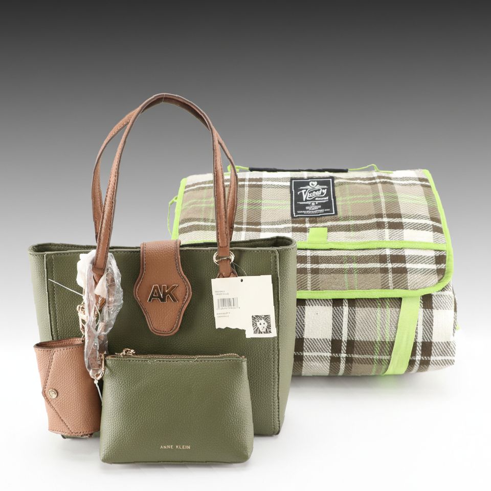 Anne Klein Lennon Tote in Olive Leather, Nemo Equipment "Victory" Picnic Blanket