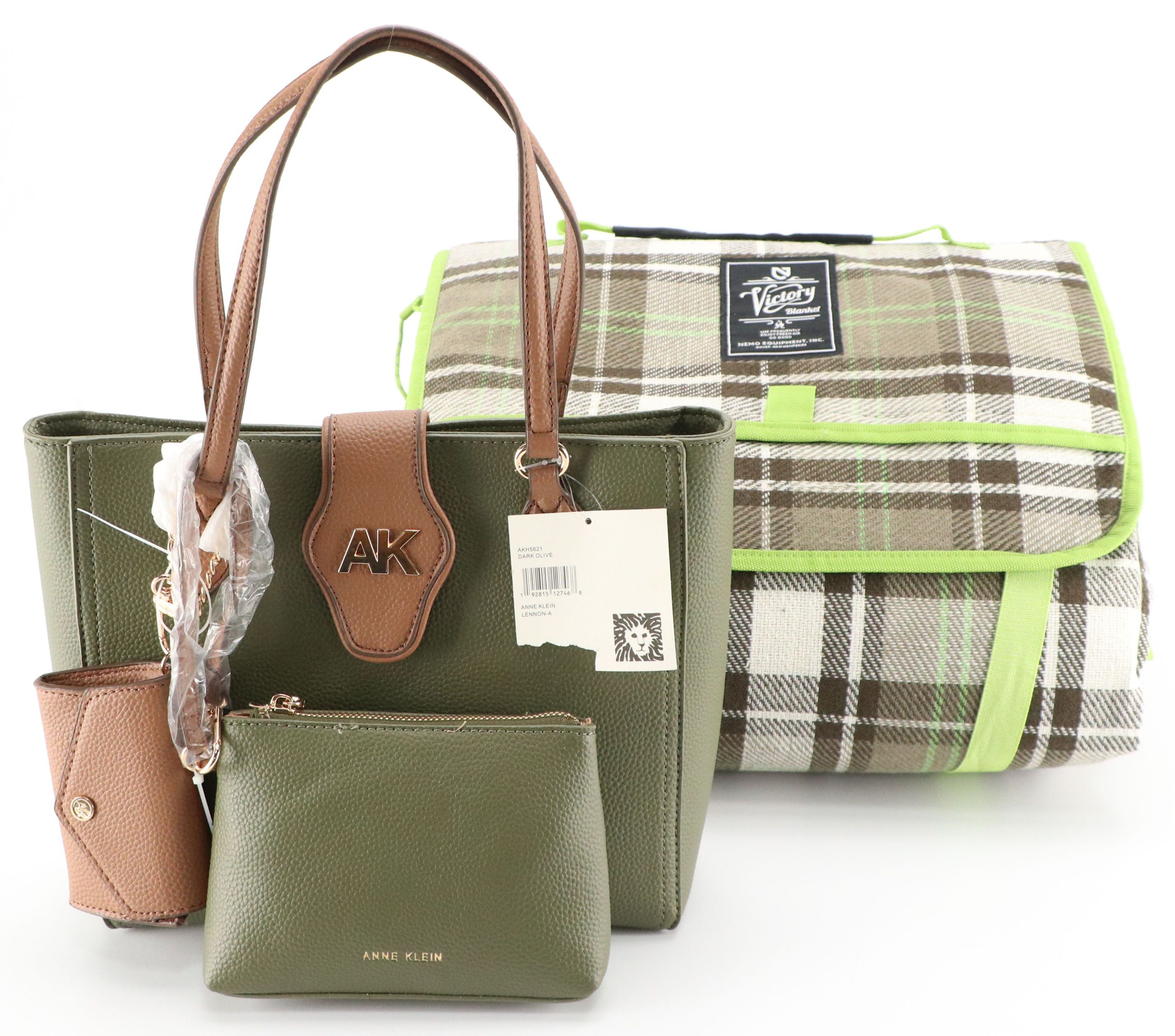 Anne Klein Lennon Tote in Olive Leather, Nemo Equipment "Victory" Picnic Blanket