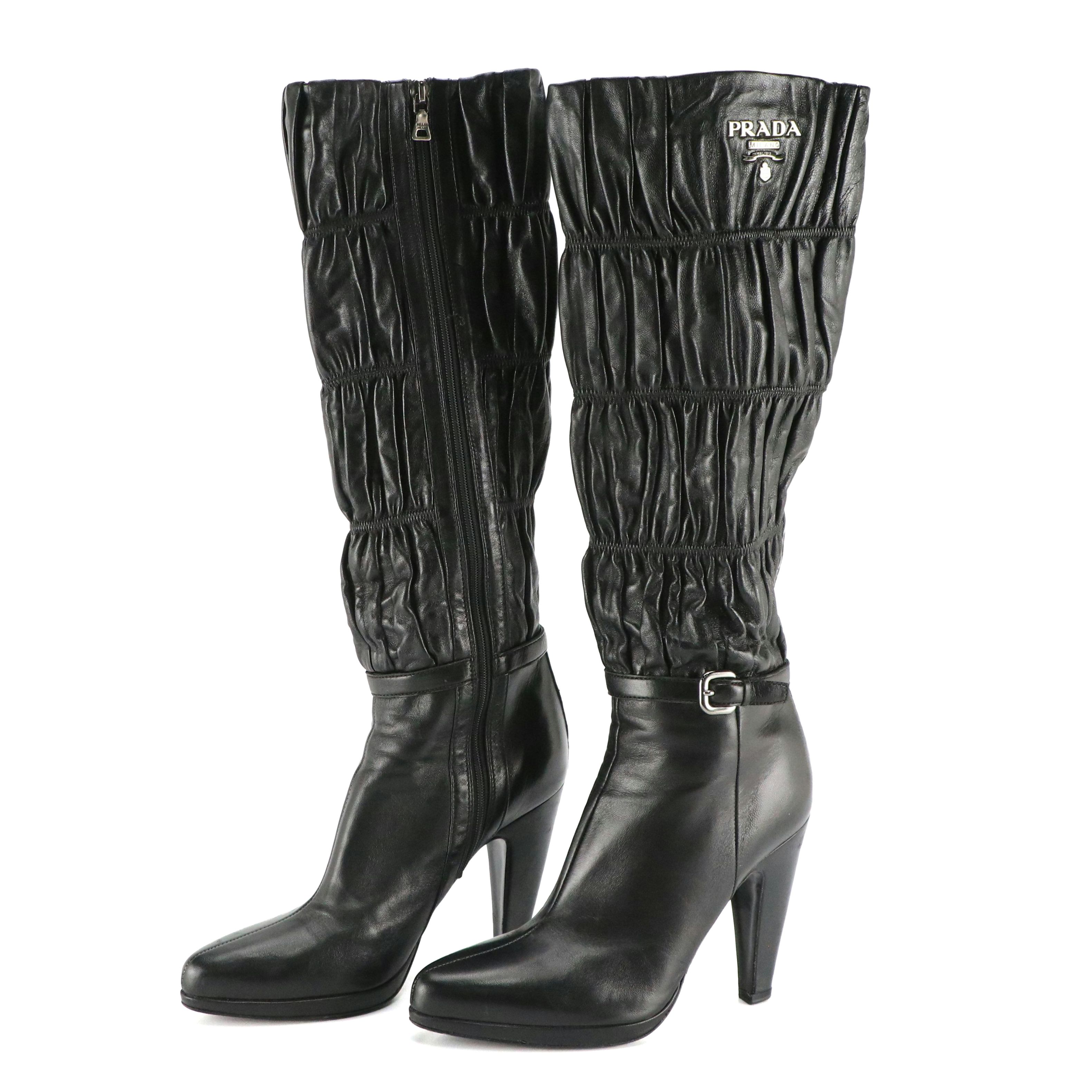 Prada Black Gaufre Lambskin Leather Knee-High Boots with Buckle Strap Detail