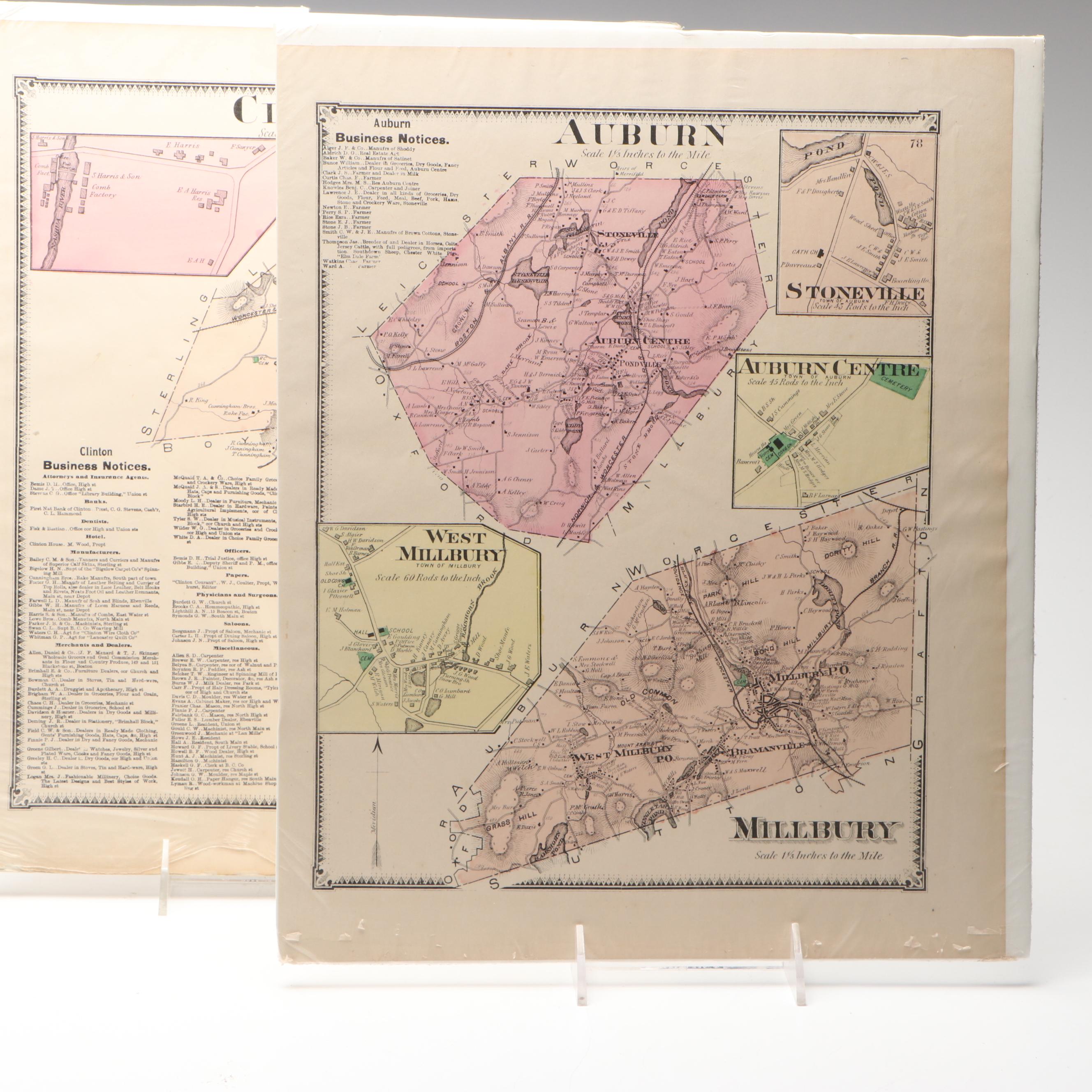 Hand-Colored Engraved Maps from "Worcester County Massachusetts", 1870