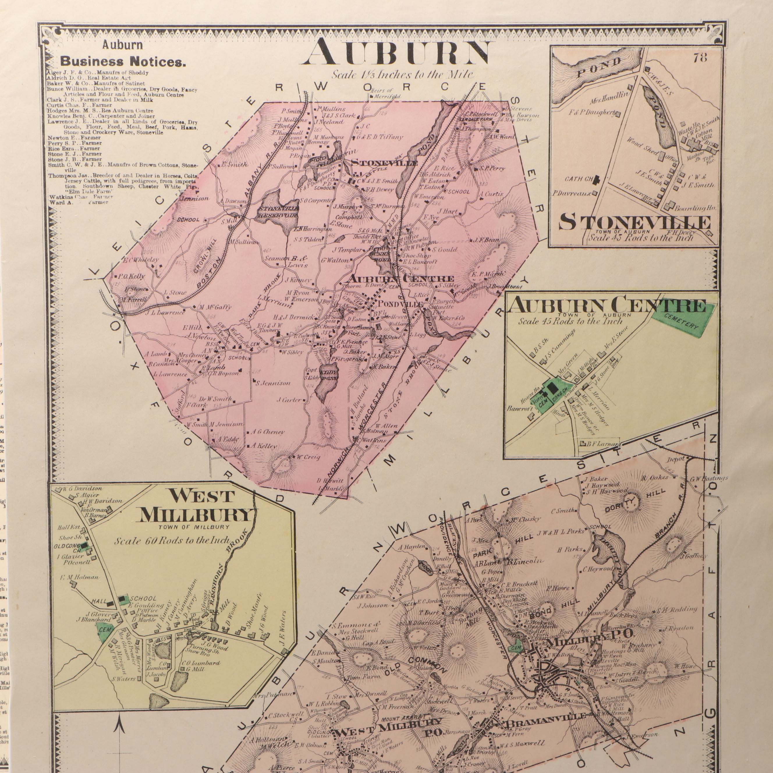 Hand-Colored Engraved Maps from "Worcester County Massachusetts", 1870