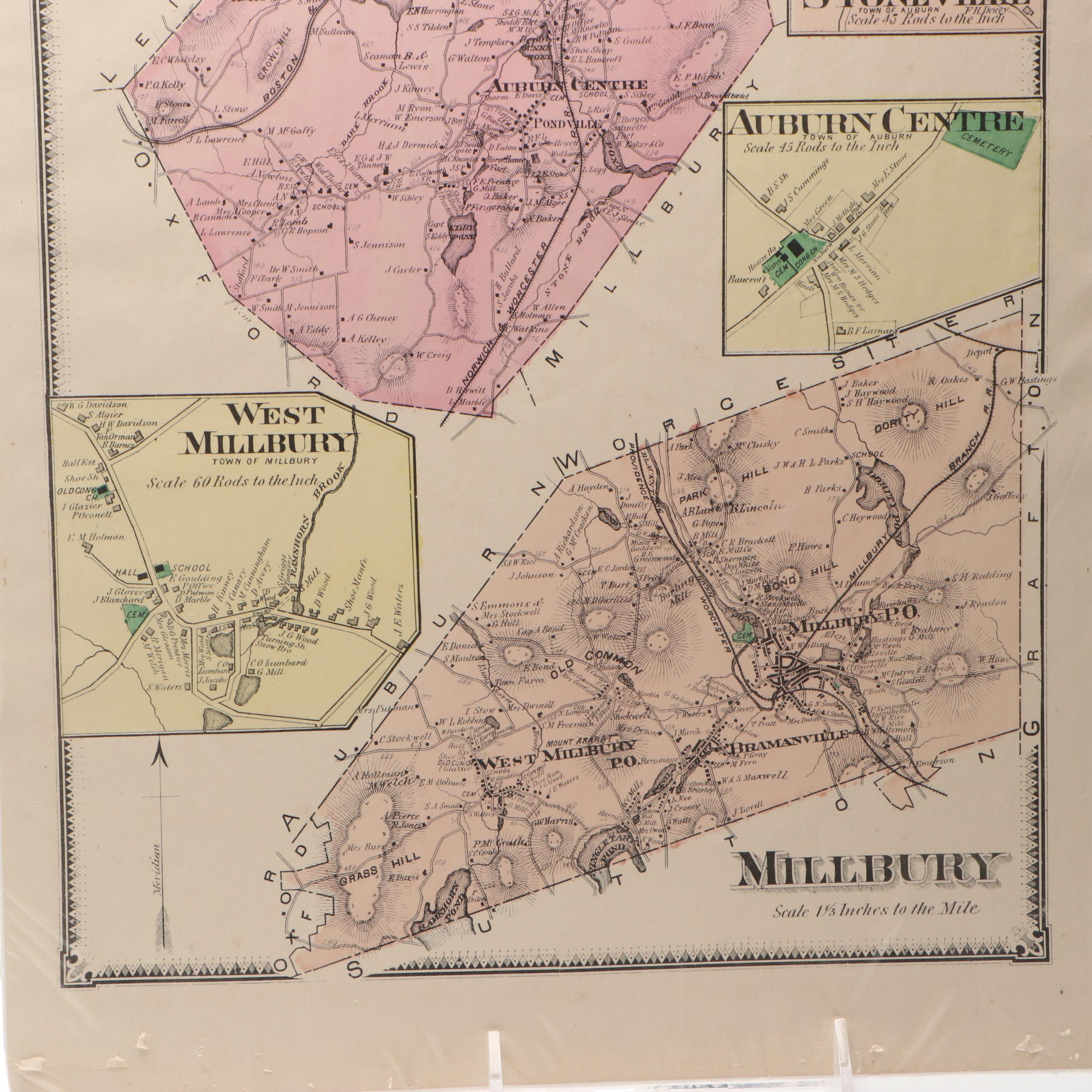 Hand-Colored Engraved Maps from "Worcester County Massachusetts", 1870