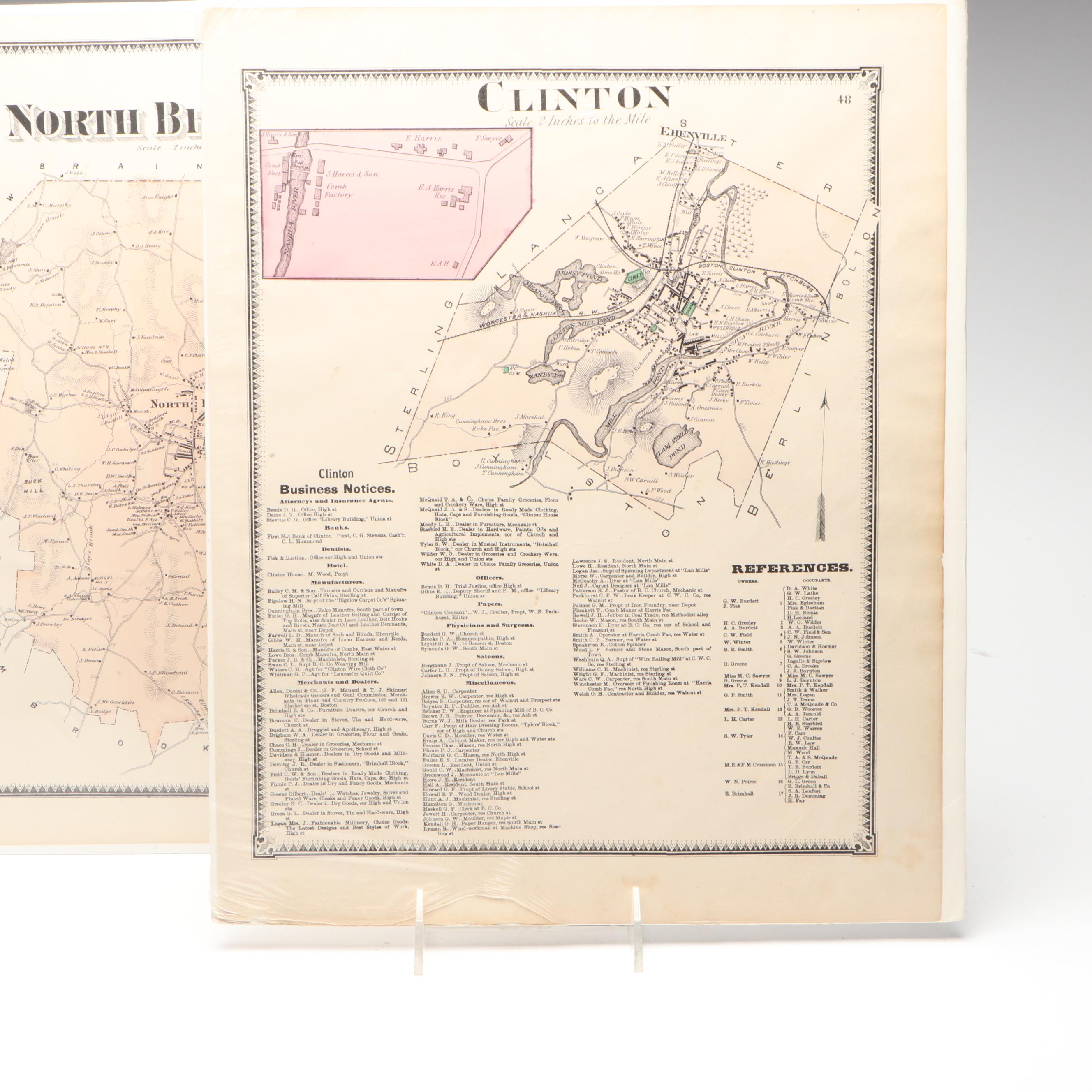 Hand-Colored Engraved Maps from "Worcester County Massachusetts", 1870