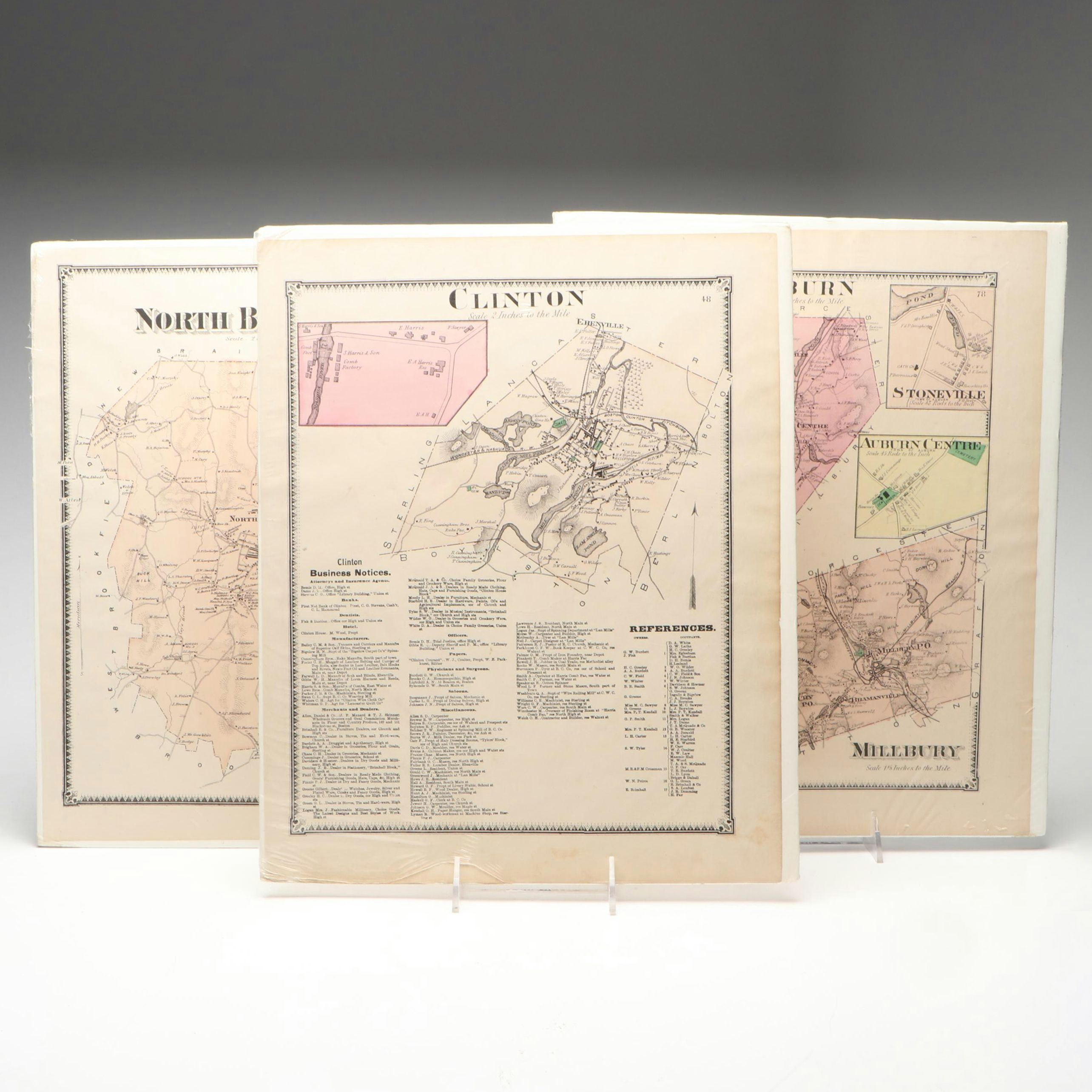 Hand-Colored Engraved Maps from "Worcester County Massachusetts", 1870
