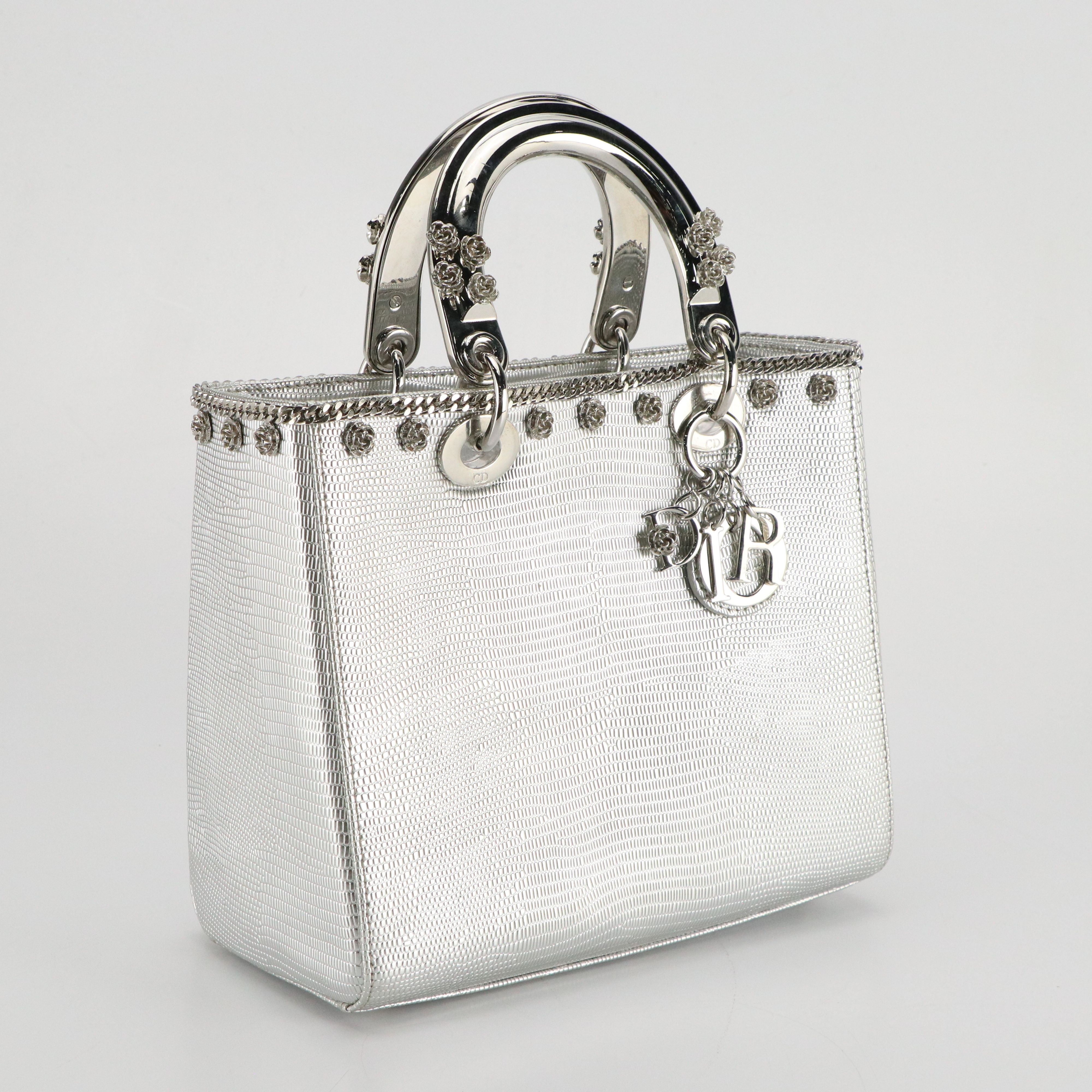 Christian Dior Metallic Lizard Embossed Leather Floral and Chain Lady Dior Bag