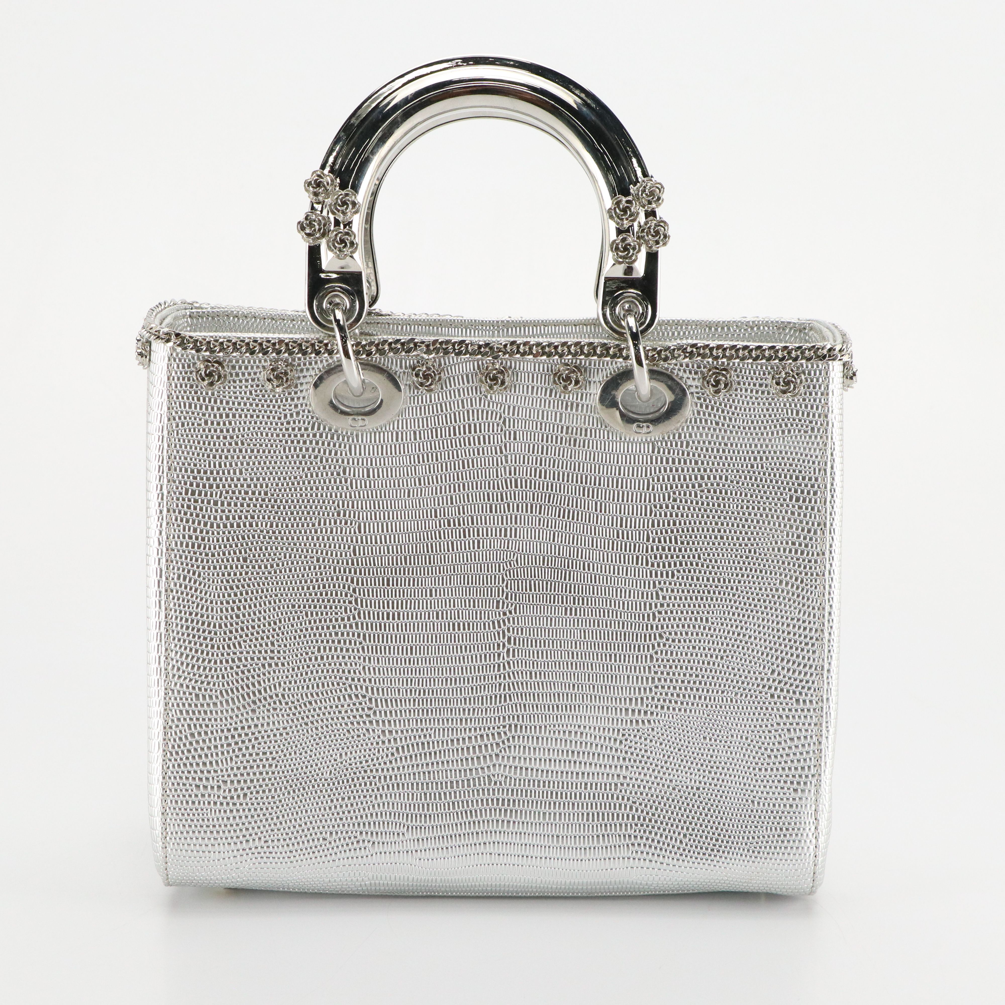 Christian Dior Metallic Lizard Embossed Leather Floral and Chain Lady Dior Bag