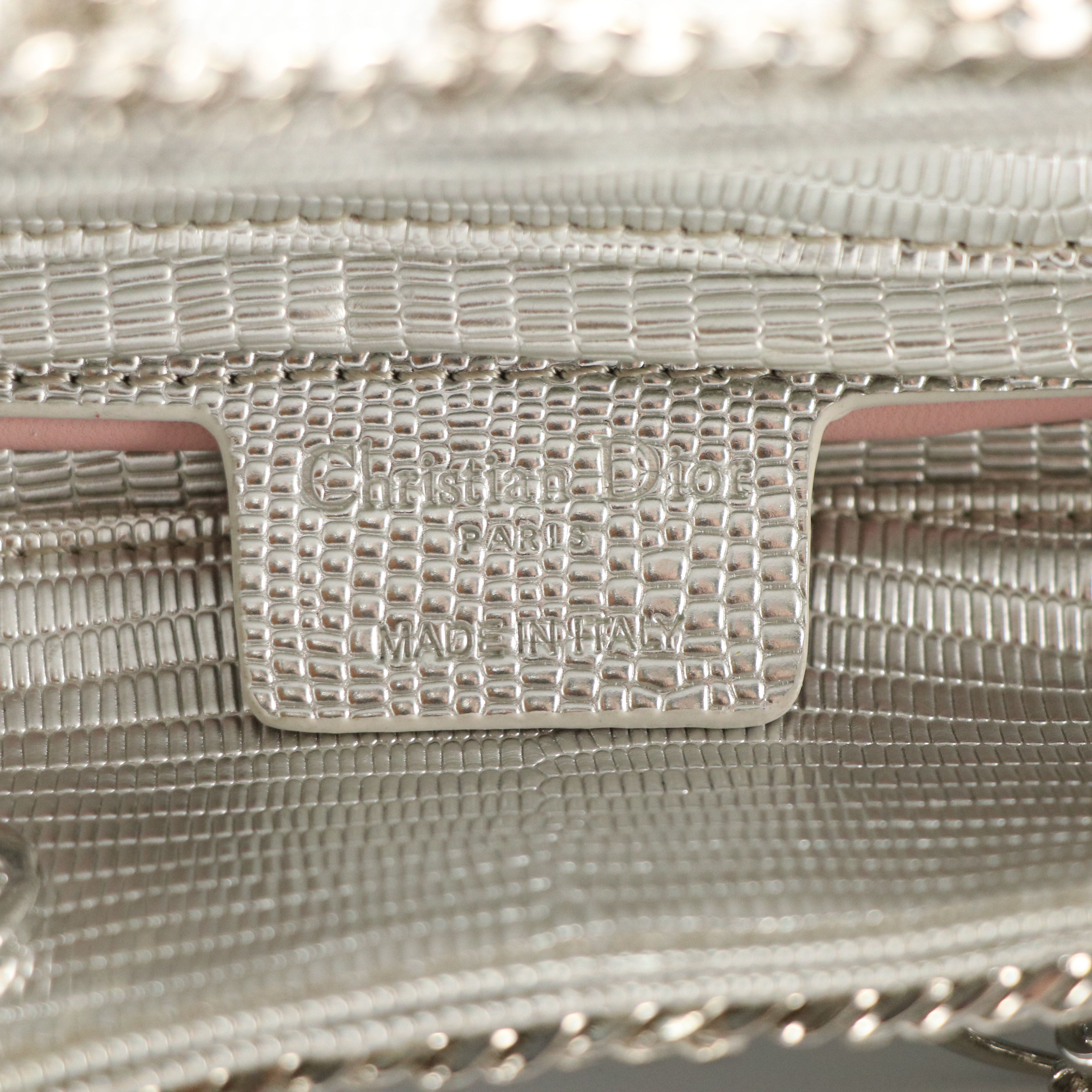 Christian Dior Metallic Lizard Embossed Leather Floral and Chain Lady Dior Bag