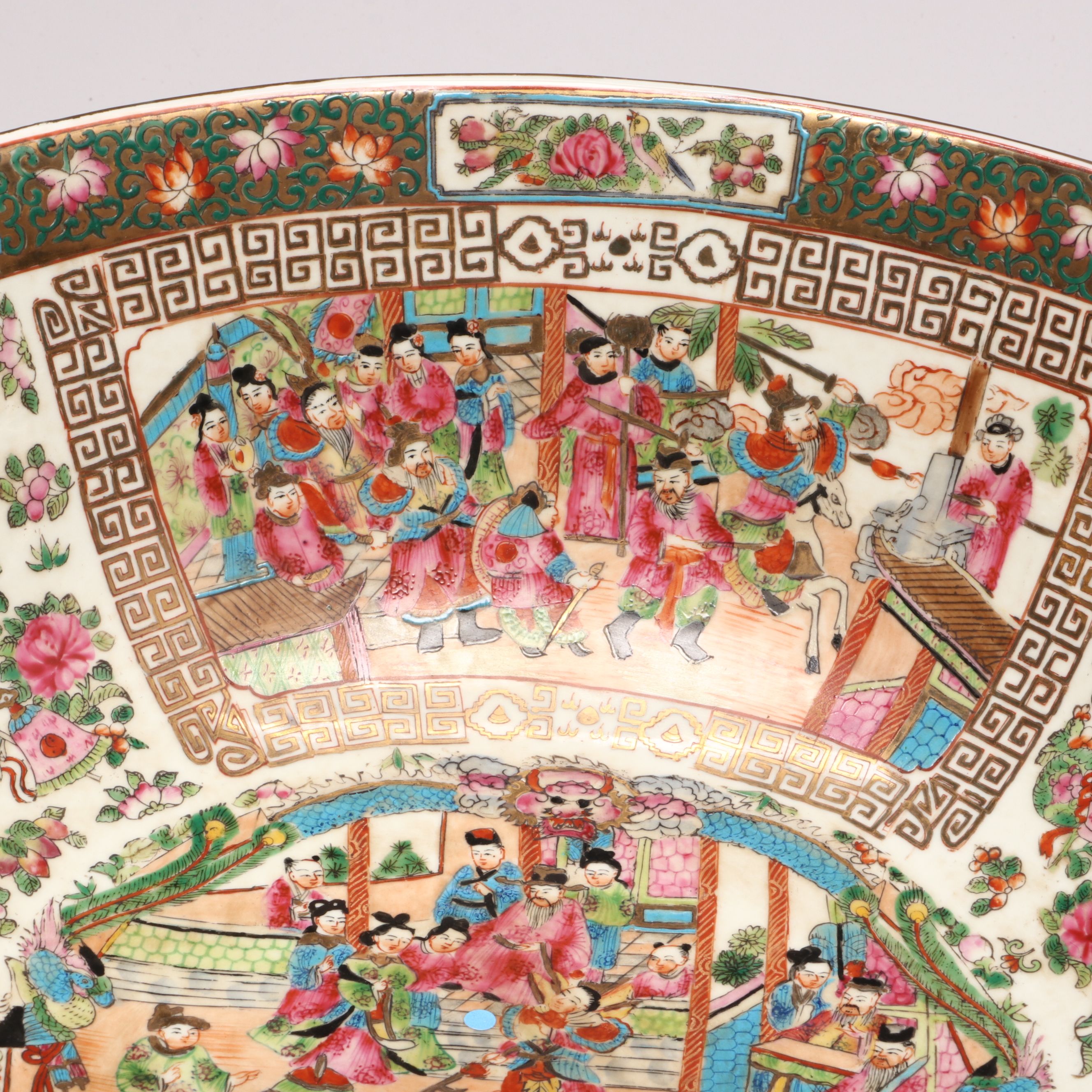 Chinese Rose Medallion Porcelain Decorative Bowl on Wood Base