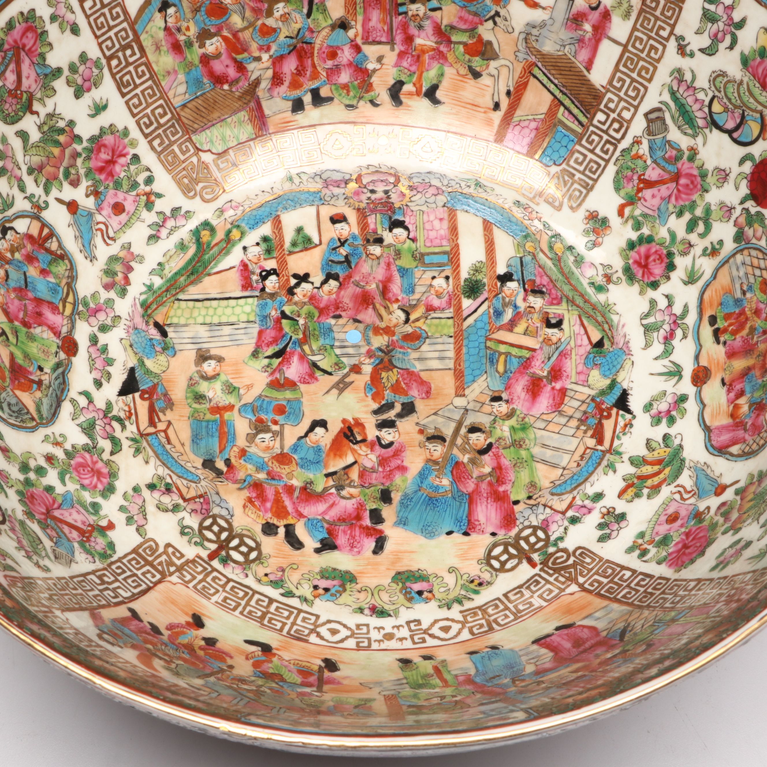 Chinese Rose Medallion Porcelain Decorative Bowl on Wood Base