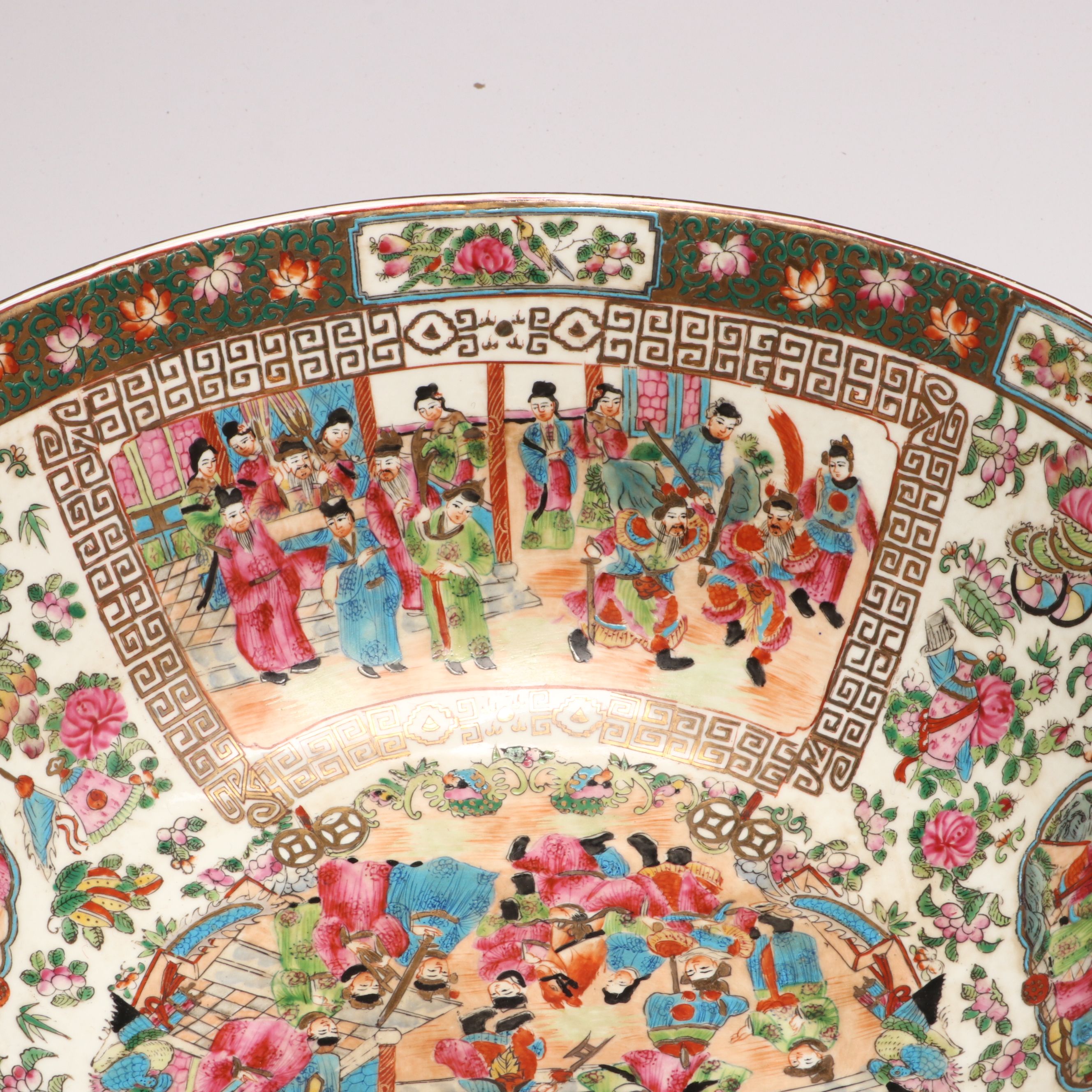 Chinese Rose Medallion Porcelain Decorative Bowl on Wood Base