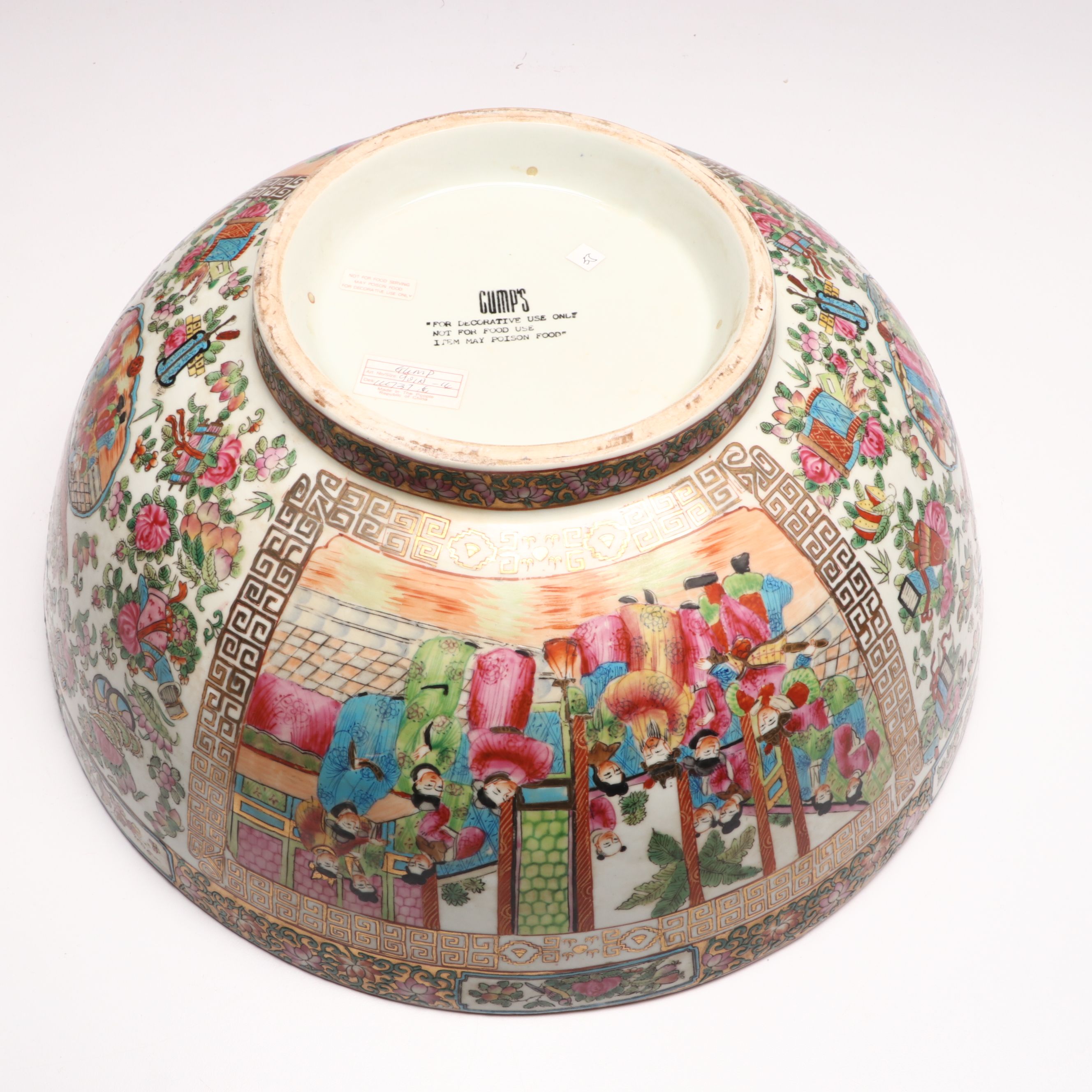 Chinese Rose Medallion Porcelain Decorative Bowl on Wood Base