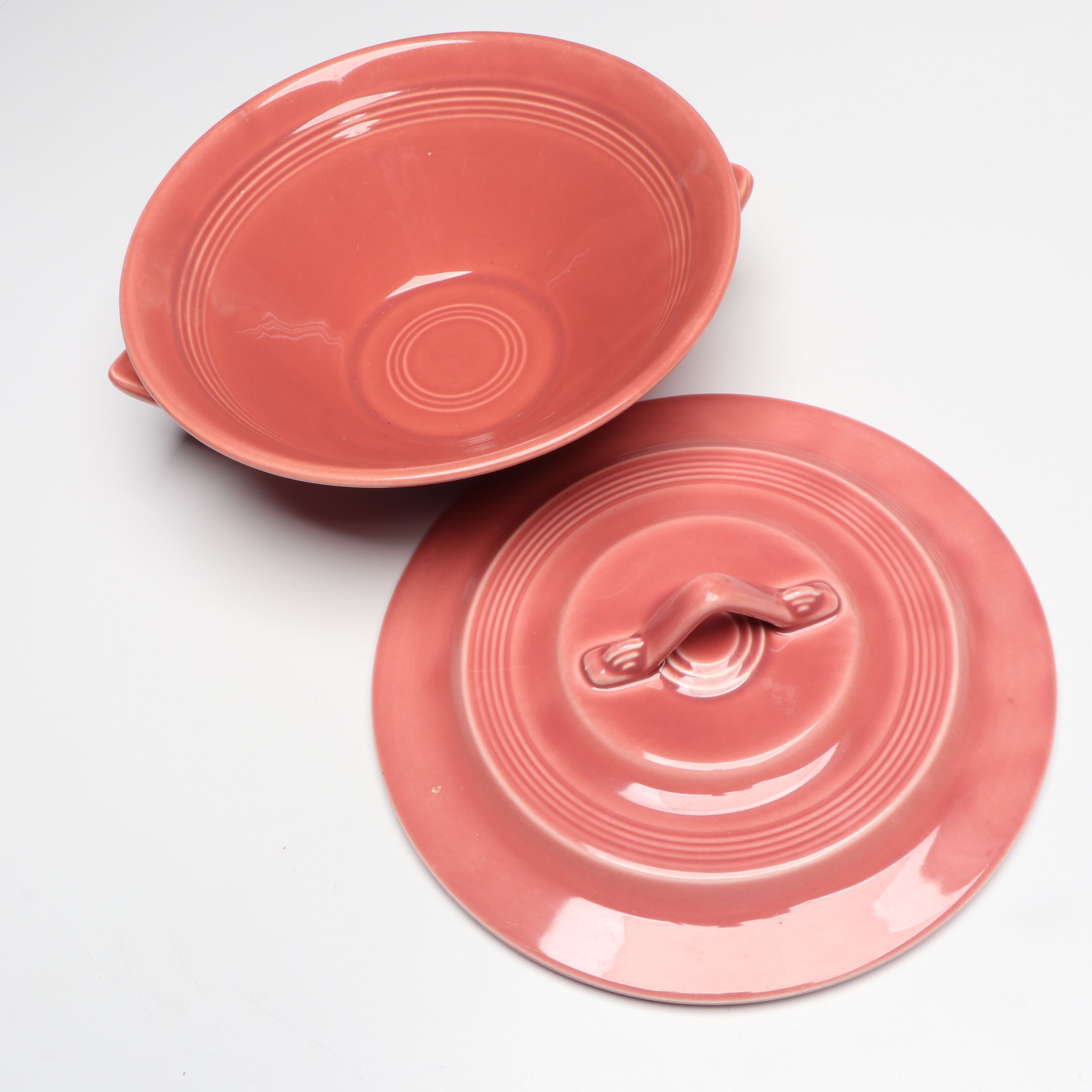Homer Laughlin "Harlequin Rose" Covered Casserole with Other Pink Dinnerware