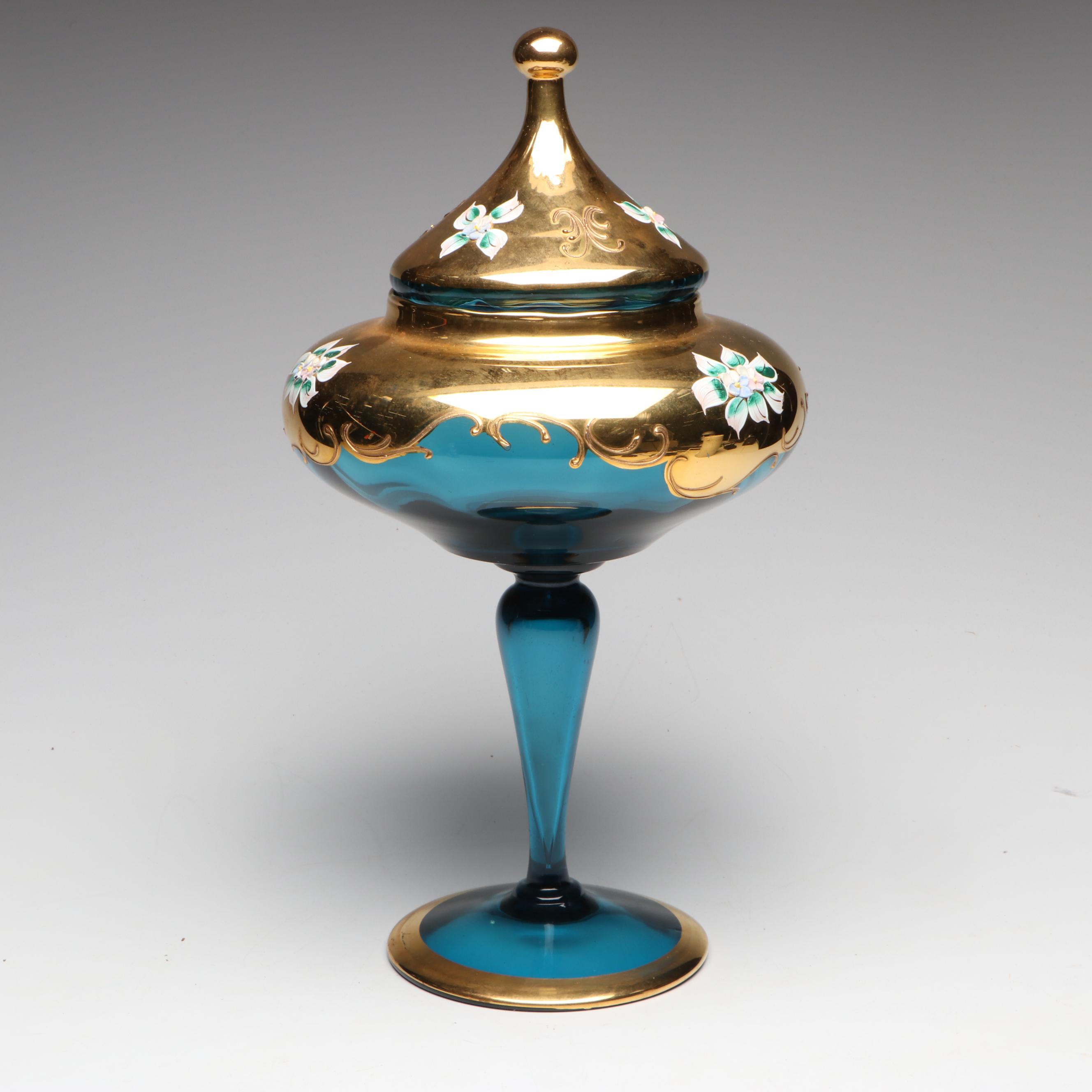 Bohemian Style Hand-Painted Gilt Blue Glass Apothecary Jar