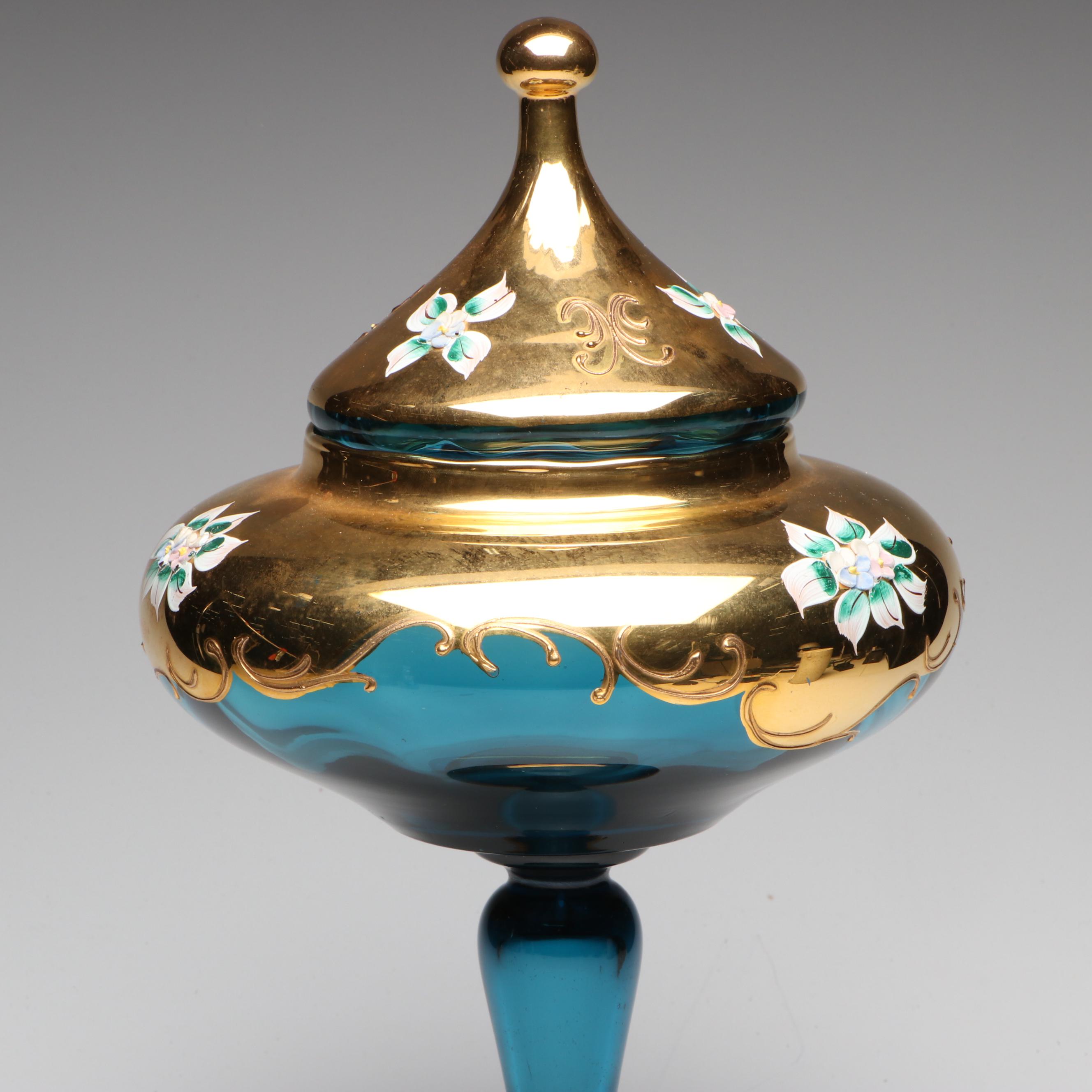 Bohemian Style Hand-Painted Gilt Blue Glass Apothecary Jar