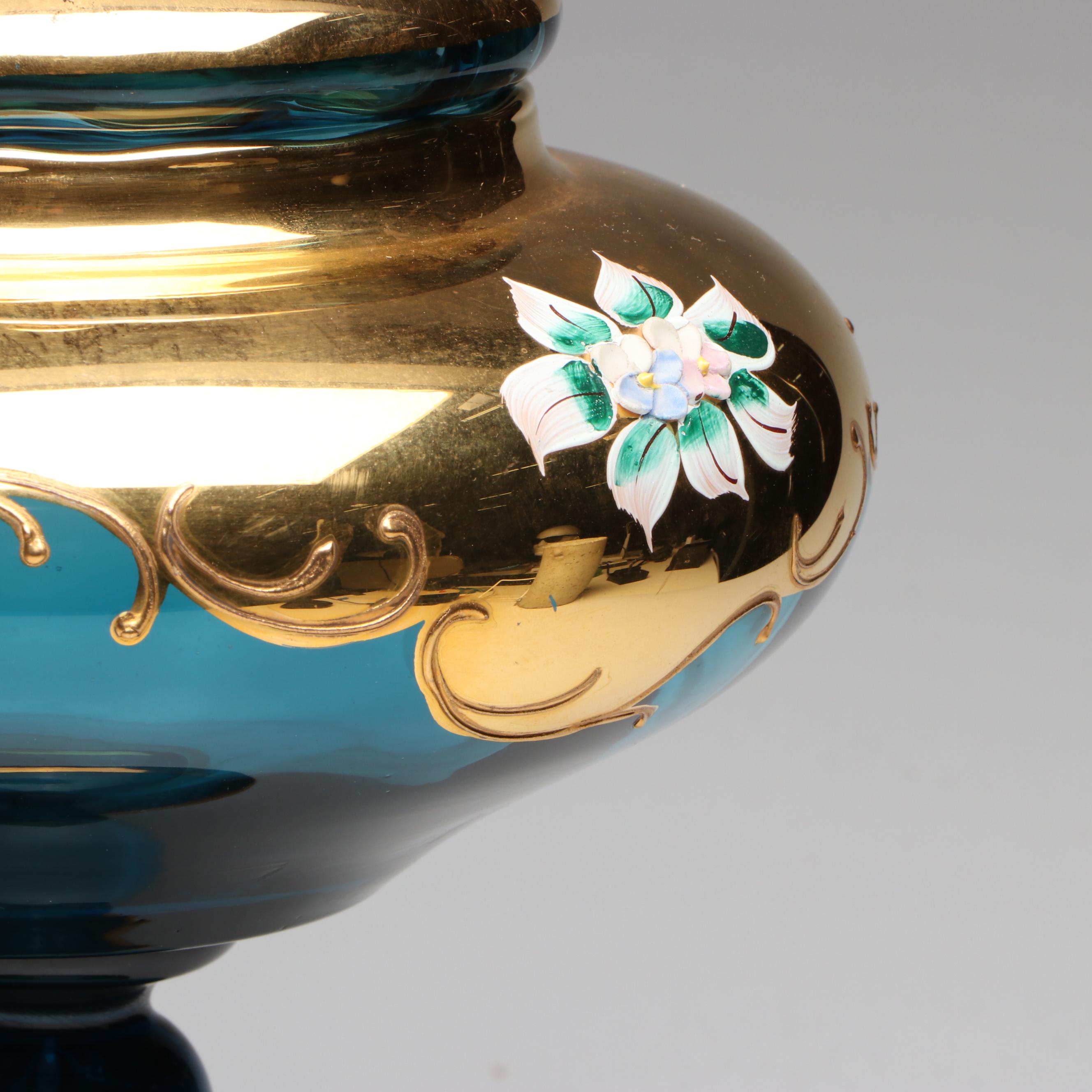 Bohemian Style Hand-Painted Gilt Blue Glass Apothecary Jar