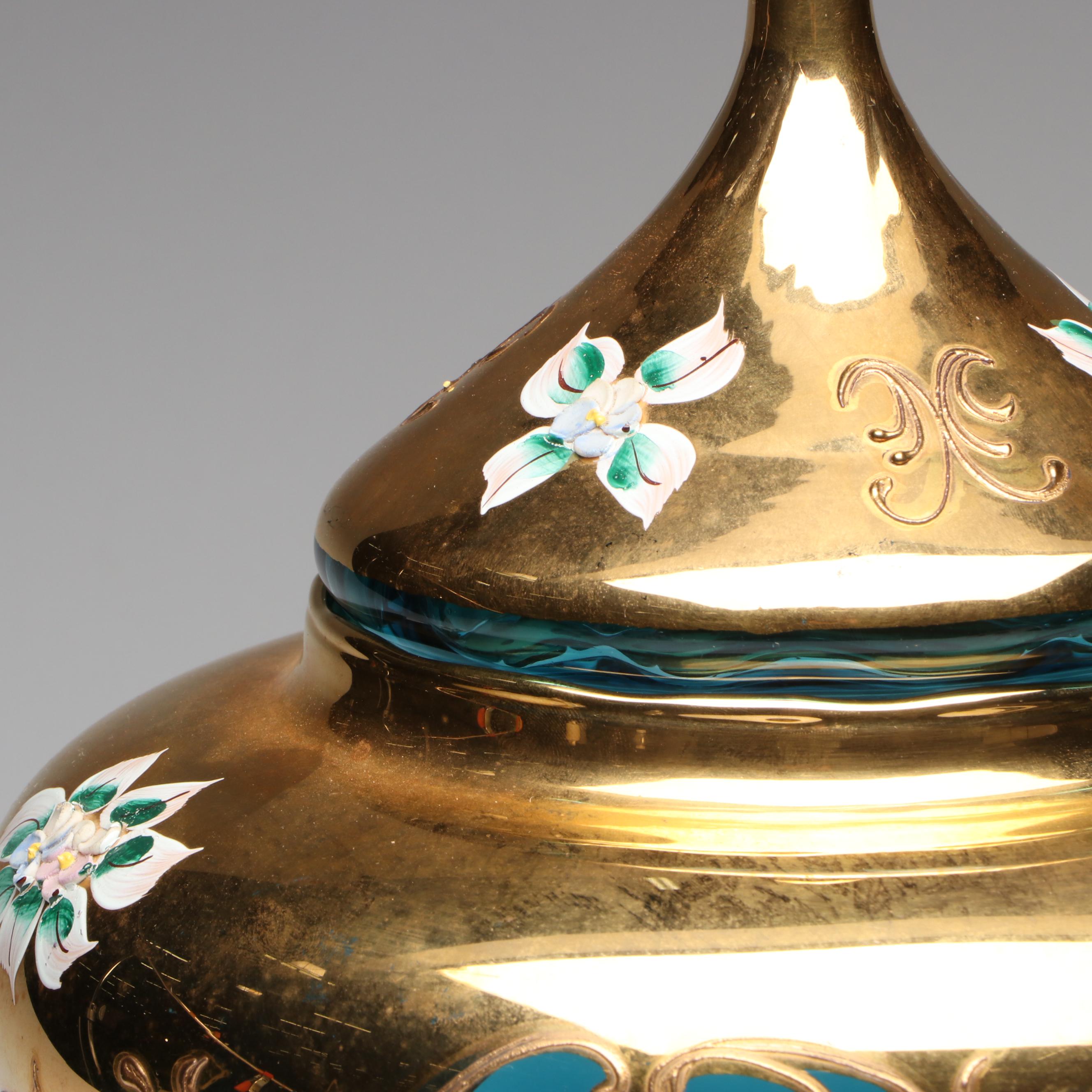 Bohemian Style Hand-Painted Gilt Blue Glass Apothecary Jar