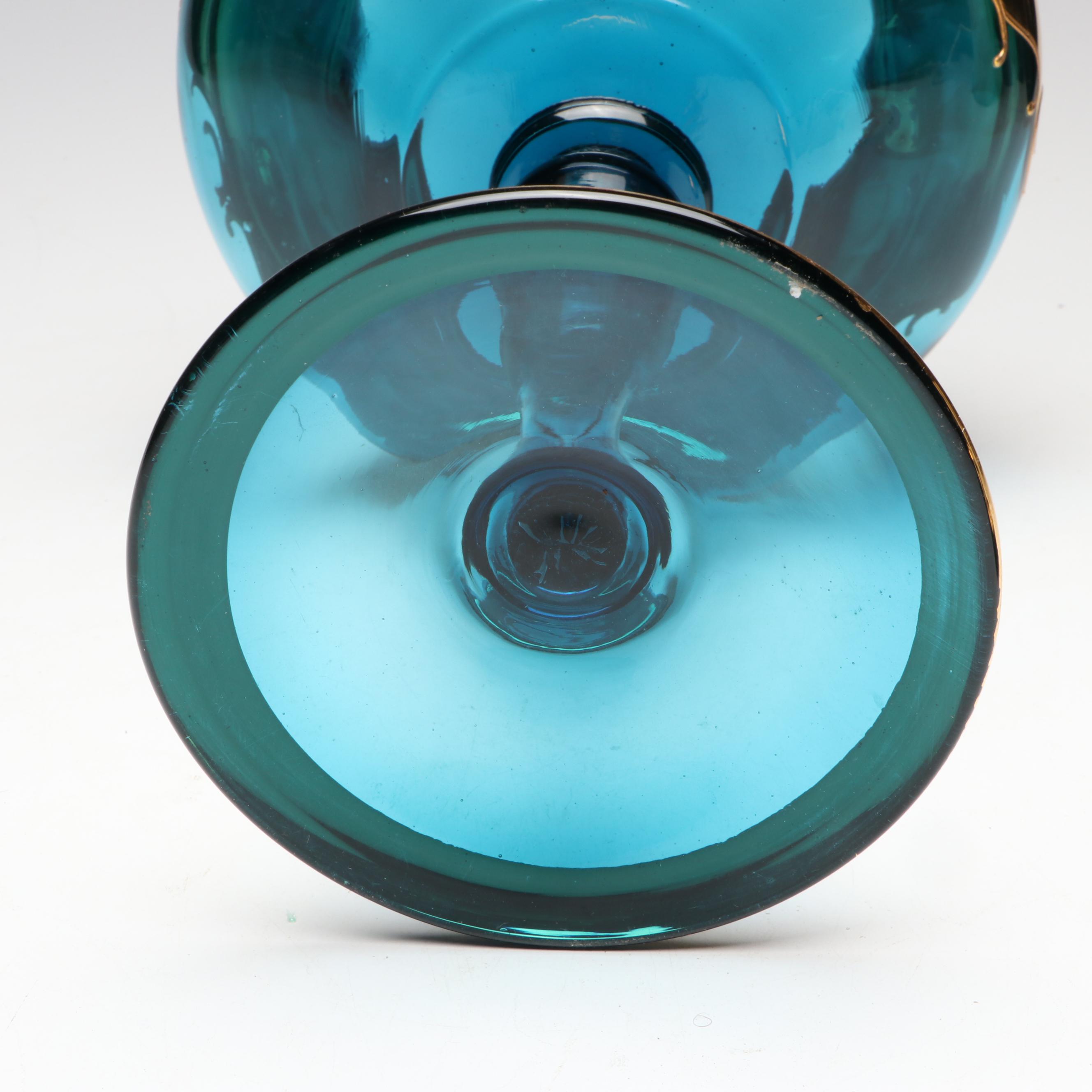 Bohemian Style Hand-Painted Gilt Blue Glass Apothecary Jar