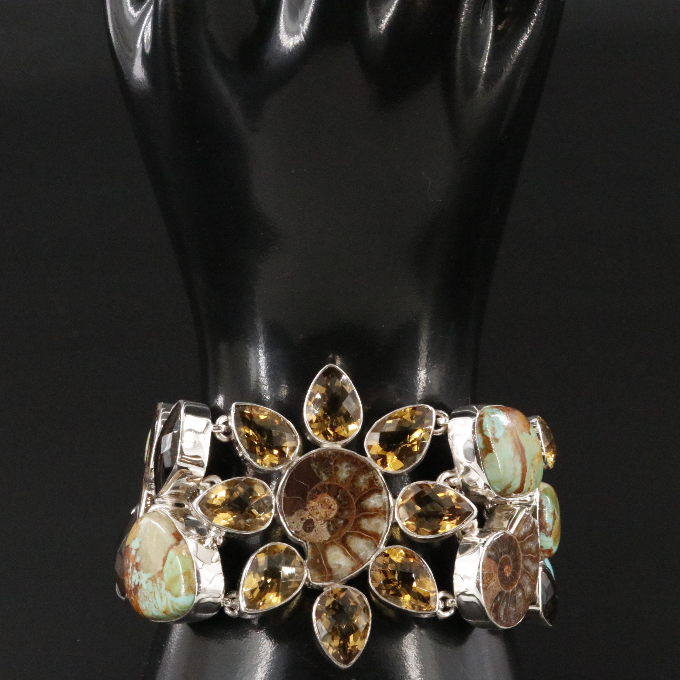 Sterling Bracelet Featuring Ammonite, Citrine, and Turquoise