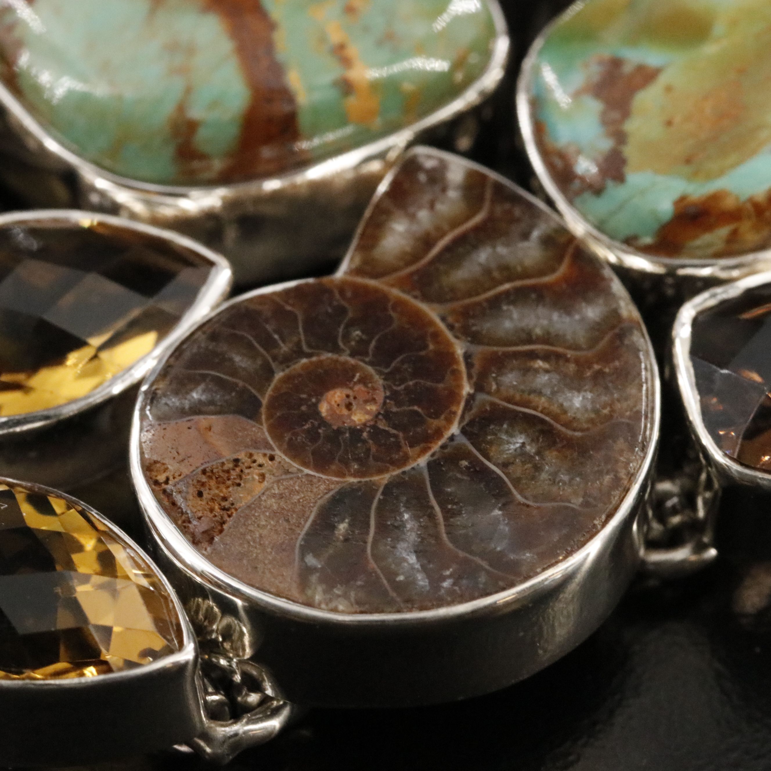 Sterling Bracelet Featuring Ammonite, Citrine, and Turquoise