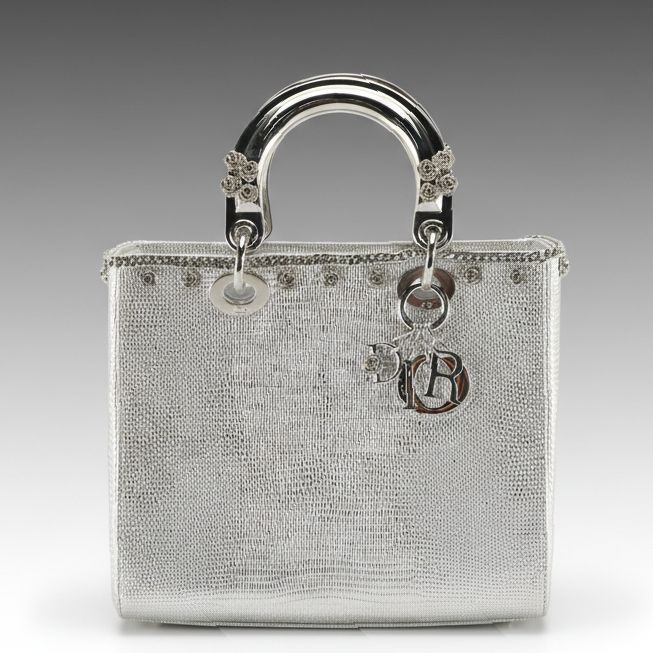 Christian Dior Metallic Lizard Embossed Leather Floral and Chain Lady Dior Bag