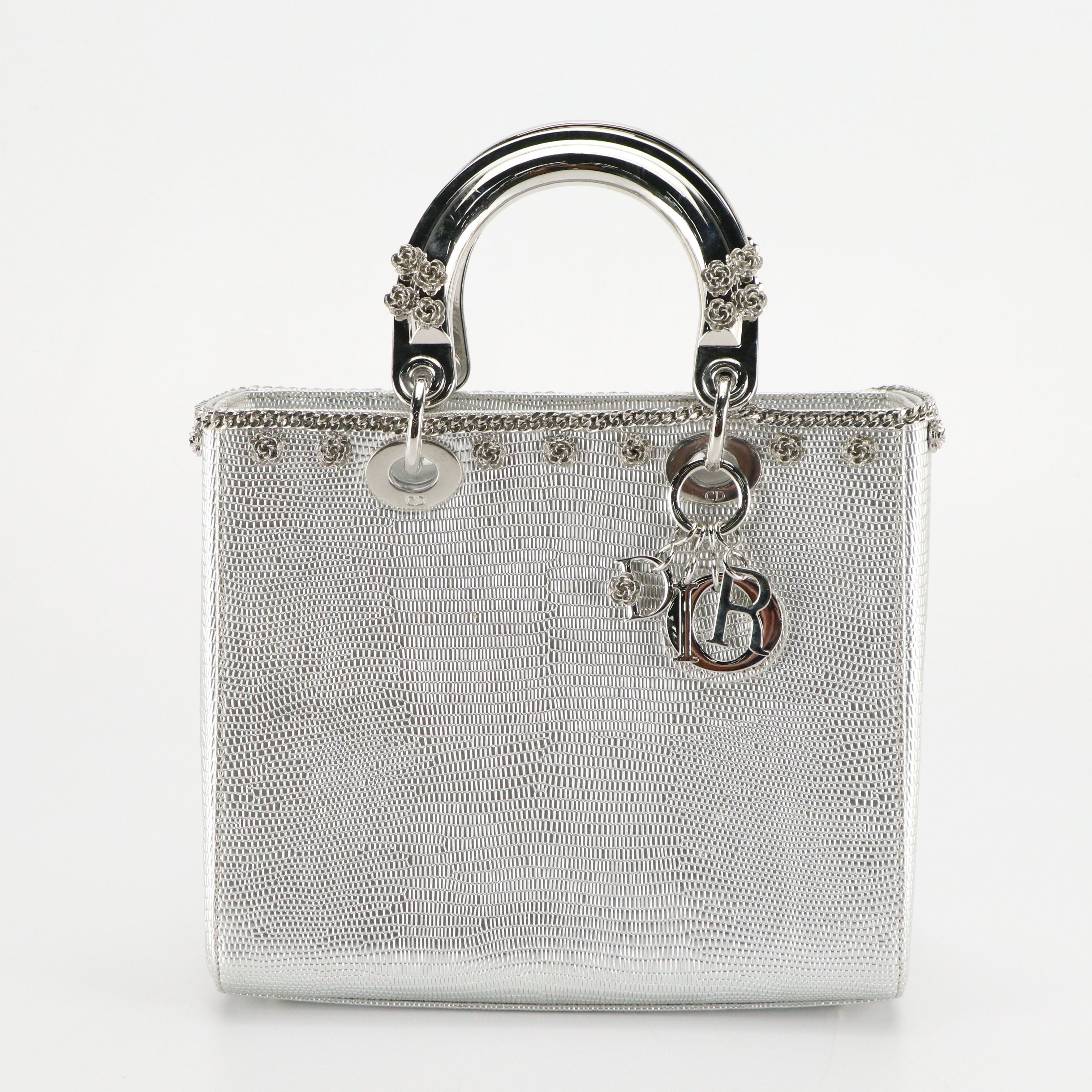 Christian Dior Metallic Lizard Embossed Leather Floral and Chain Lady Dior Bag