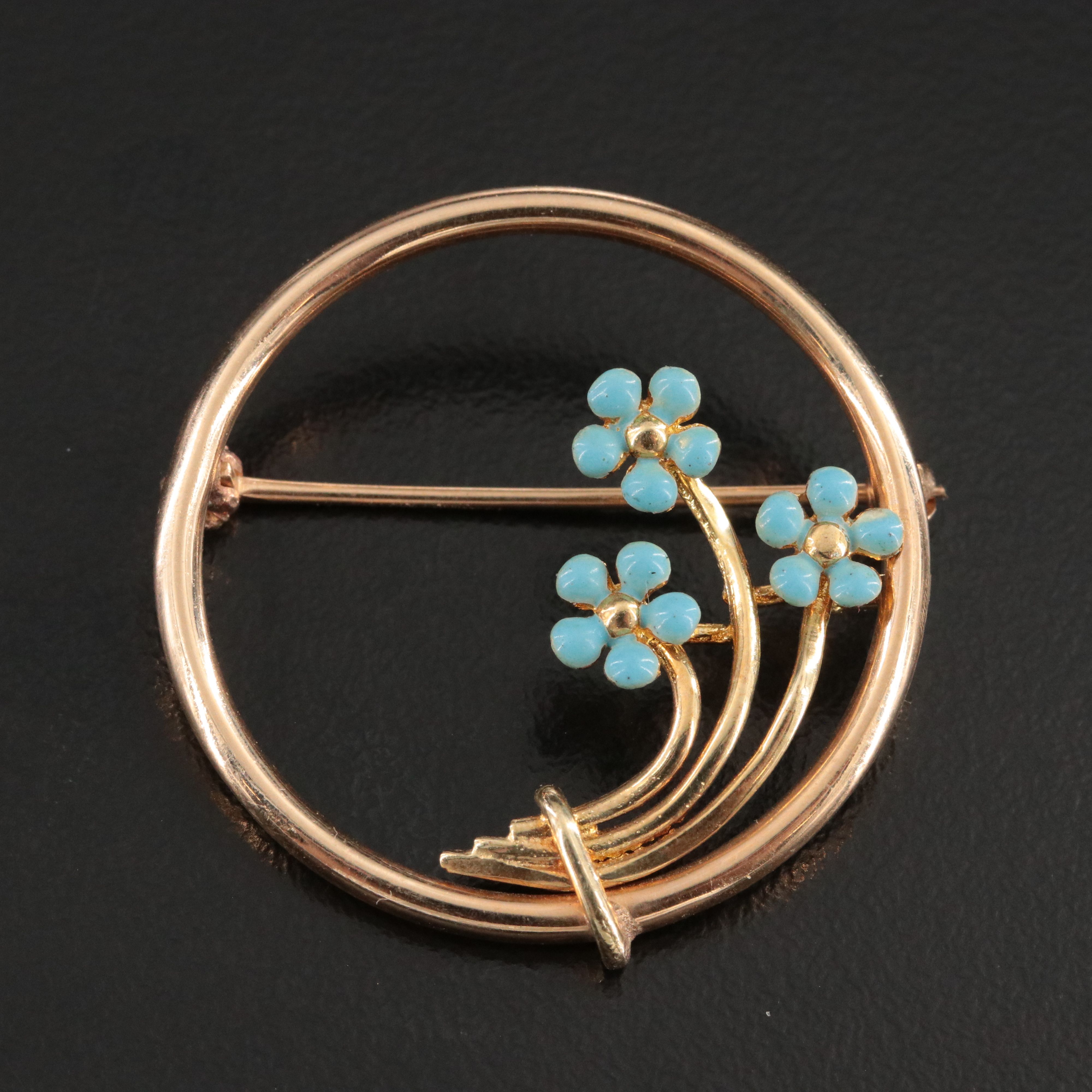 Vintage 14K Enamel Forget Me Not Circle Brooch