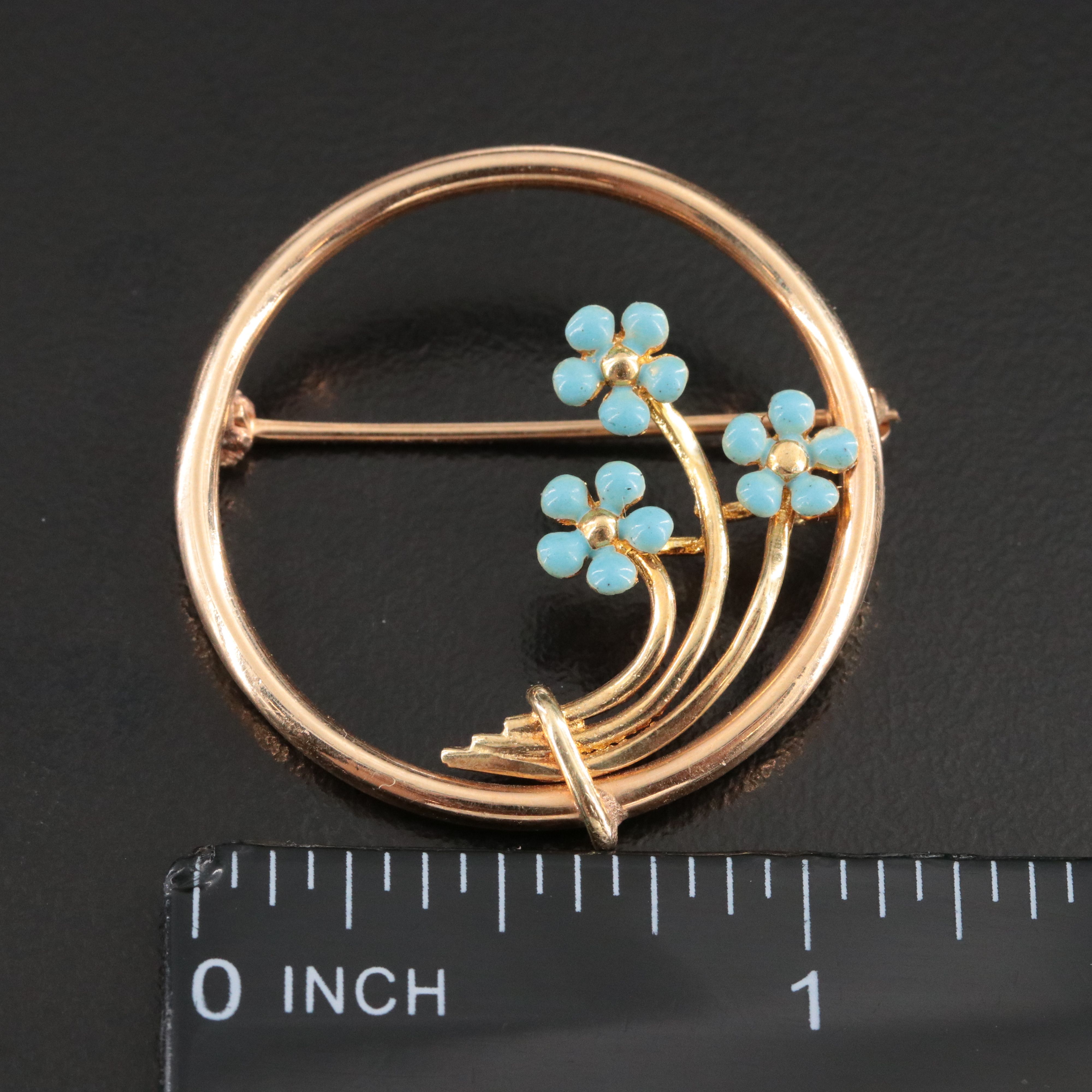 Vintage 14K Enamel Forget Me Not Circle Brooch
