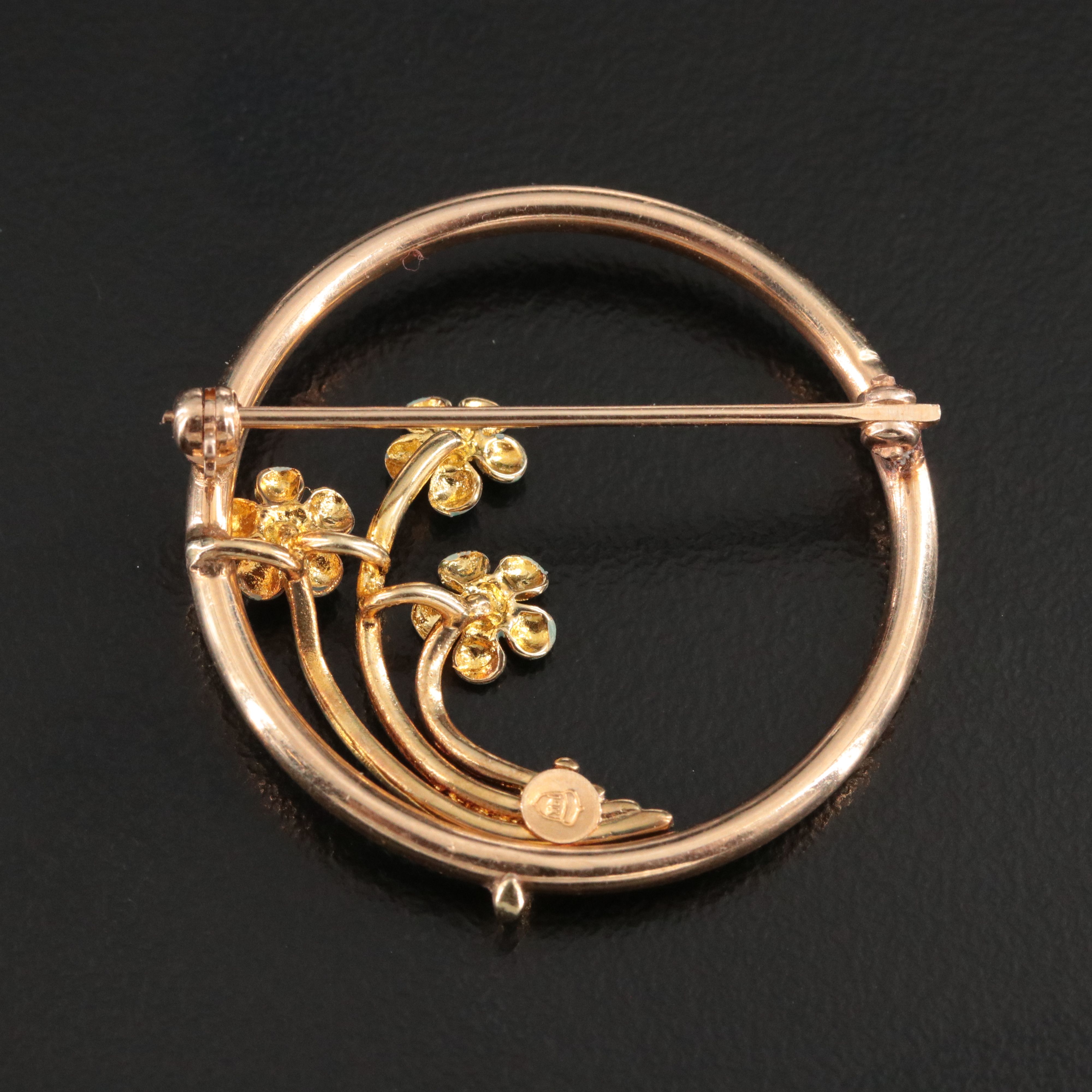 Vintage 14K Enamel Forget Me Not Circle Brooch