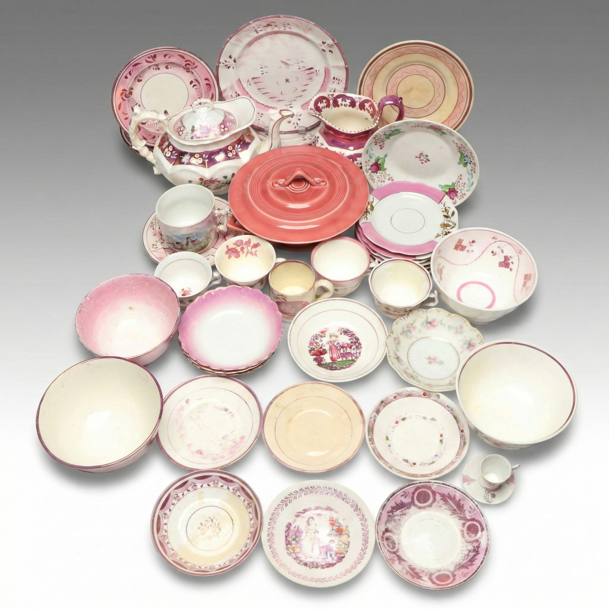 Homer Laughlin "Harlequin Rose" Covered Casserole with Other Pink Dinnerware
