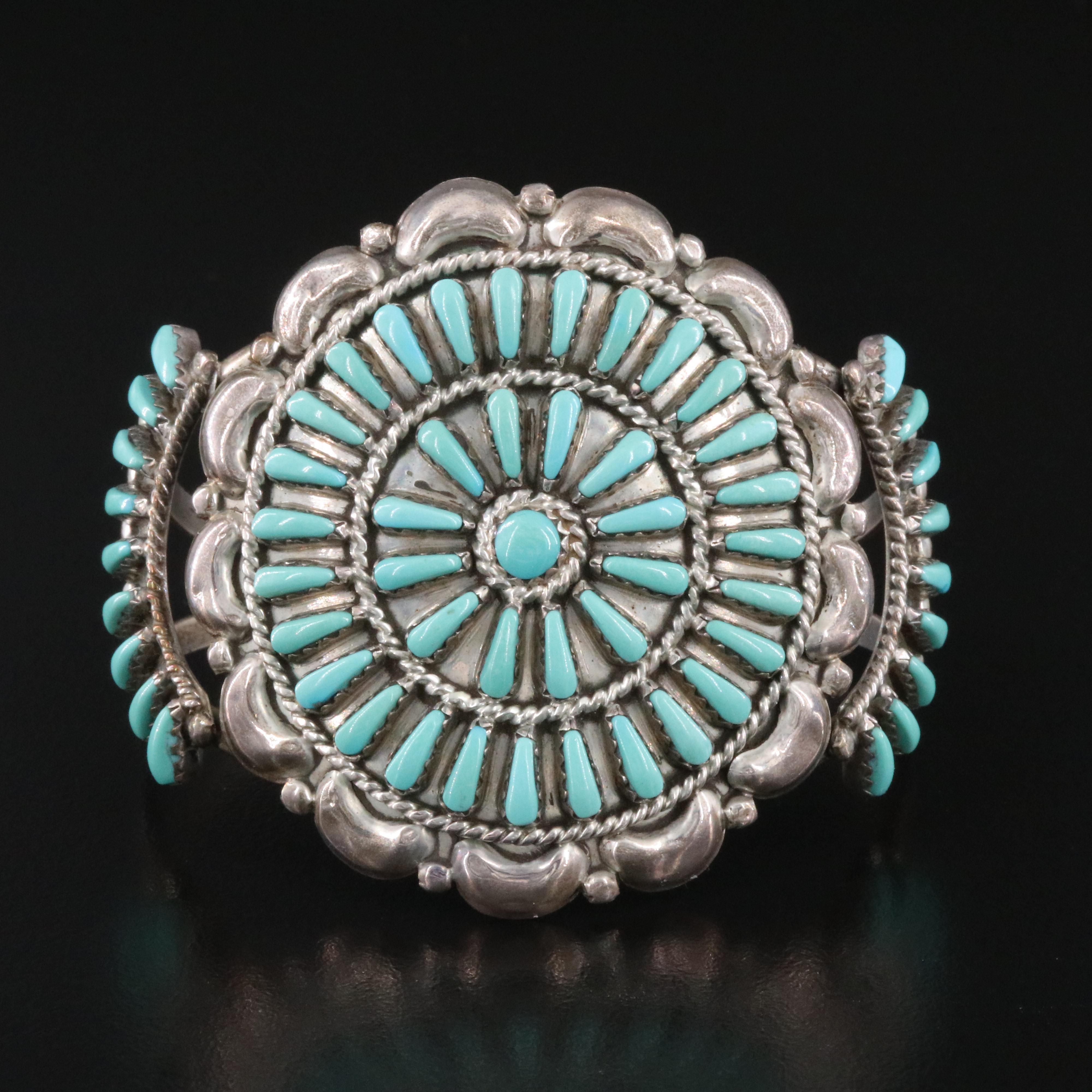 Signed Western Style Sterling Turquoise Cluster Cuff Bracelet