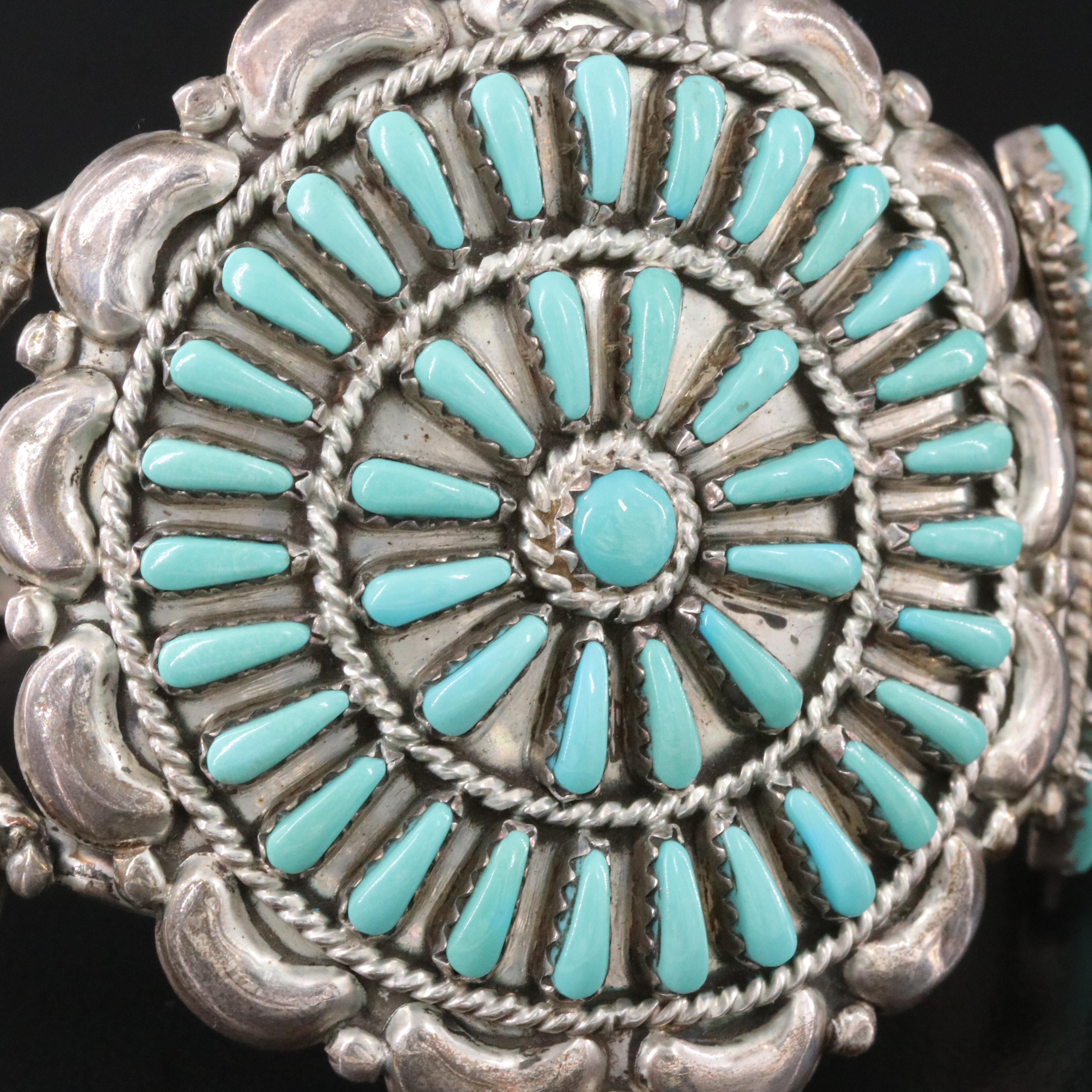 Signed Western Style Sterling Turquoise Cluster Cuff Bracelet