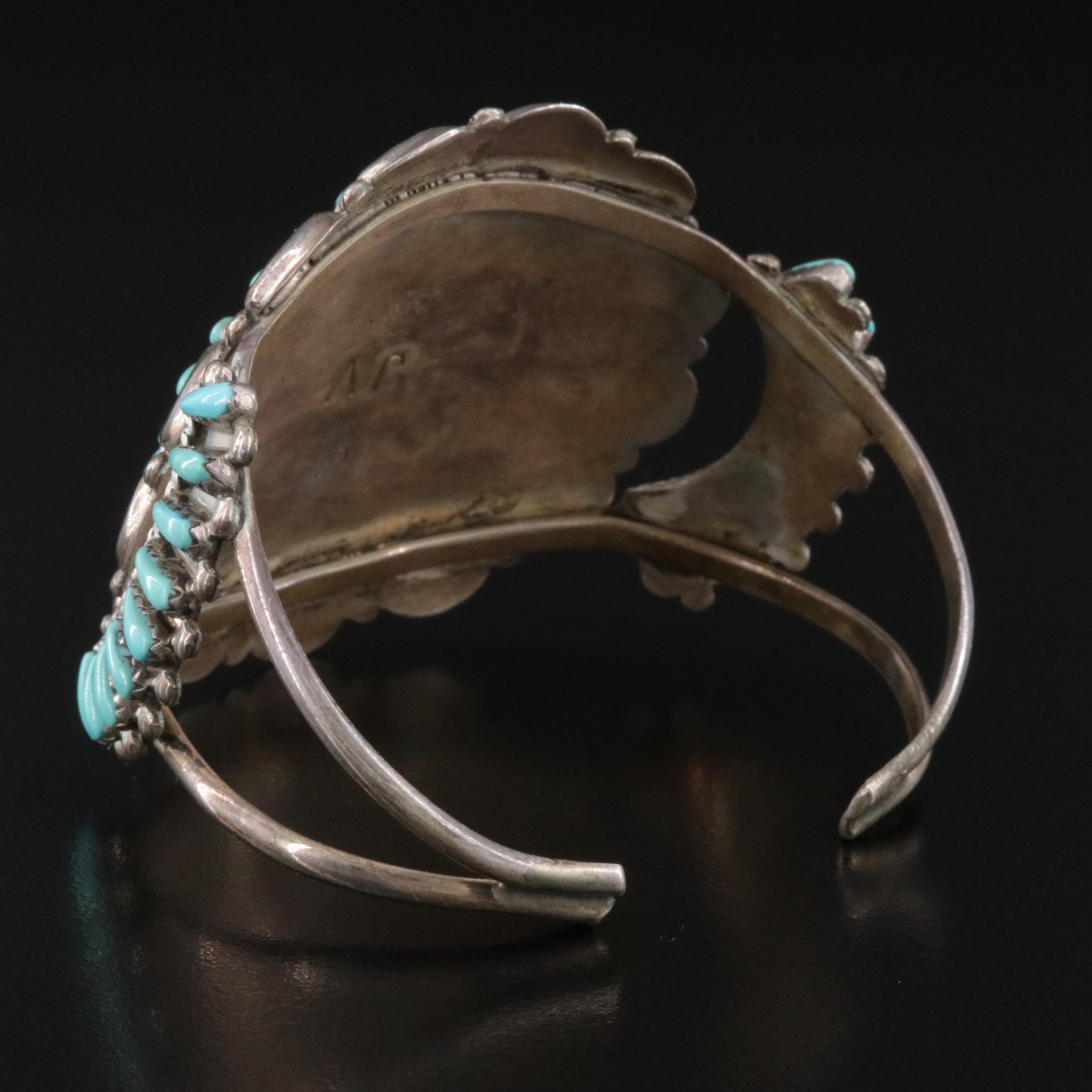 Signed Western Style Sterling Turquoise Cluster Cuff Bracelet