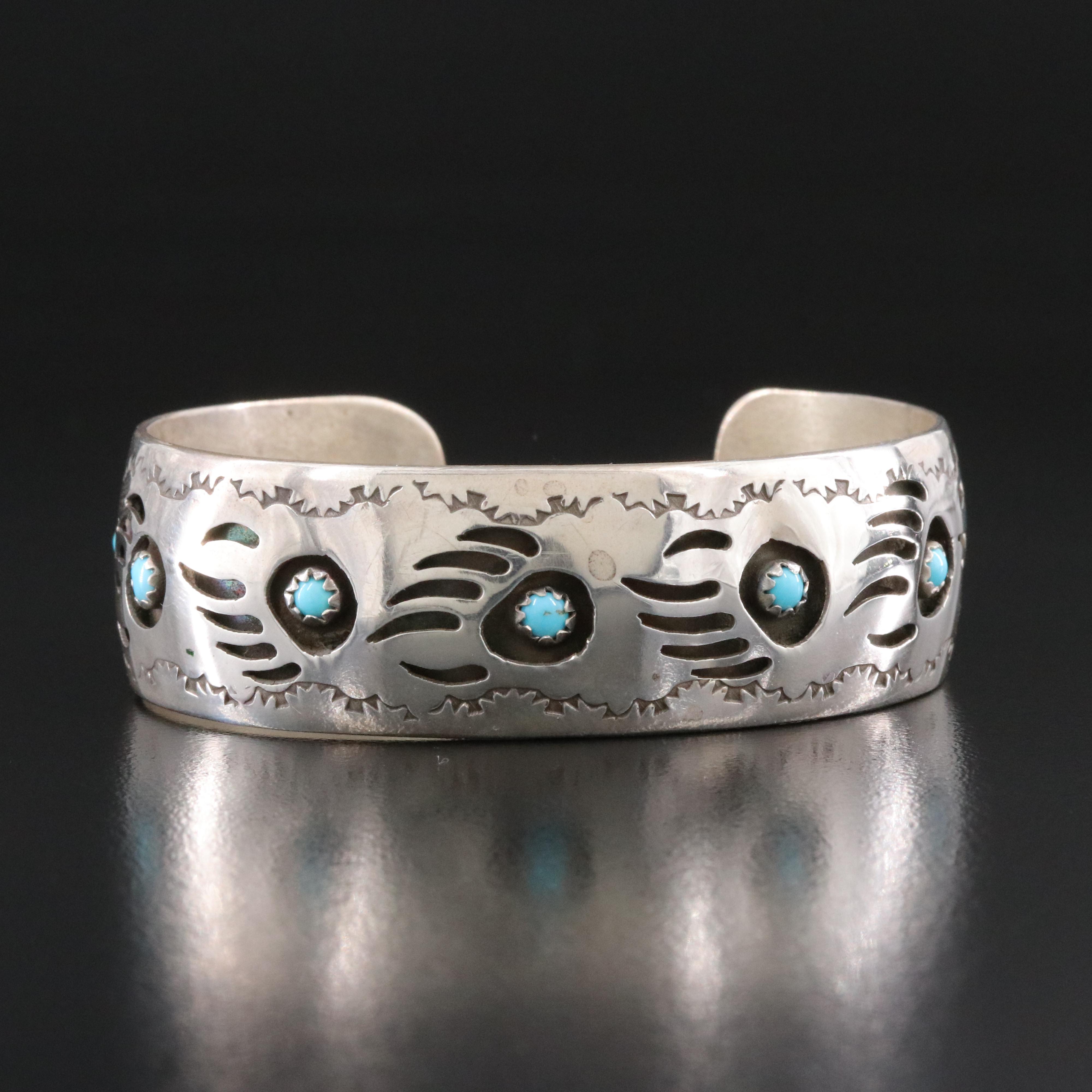 Pearlene Spencer Sterling Bear Paw Shadowbox Turquoise Cuff Bracelet