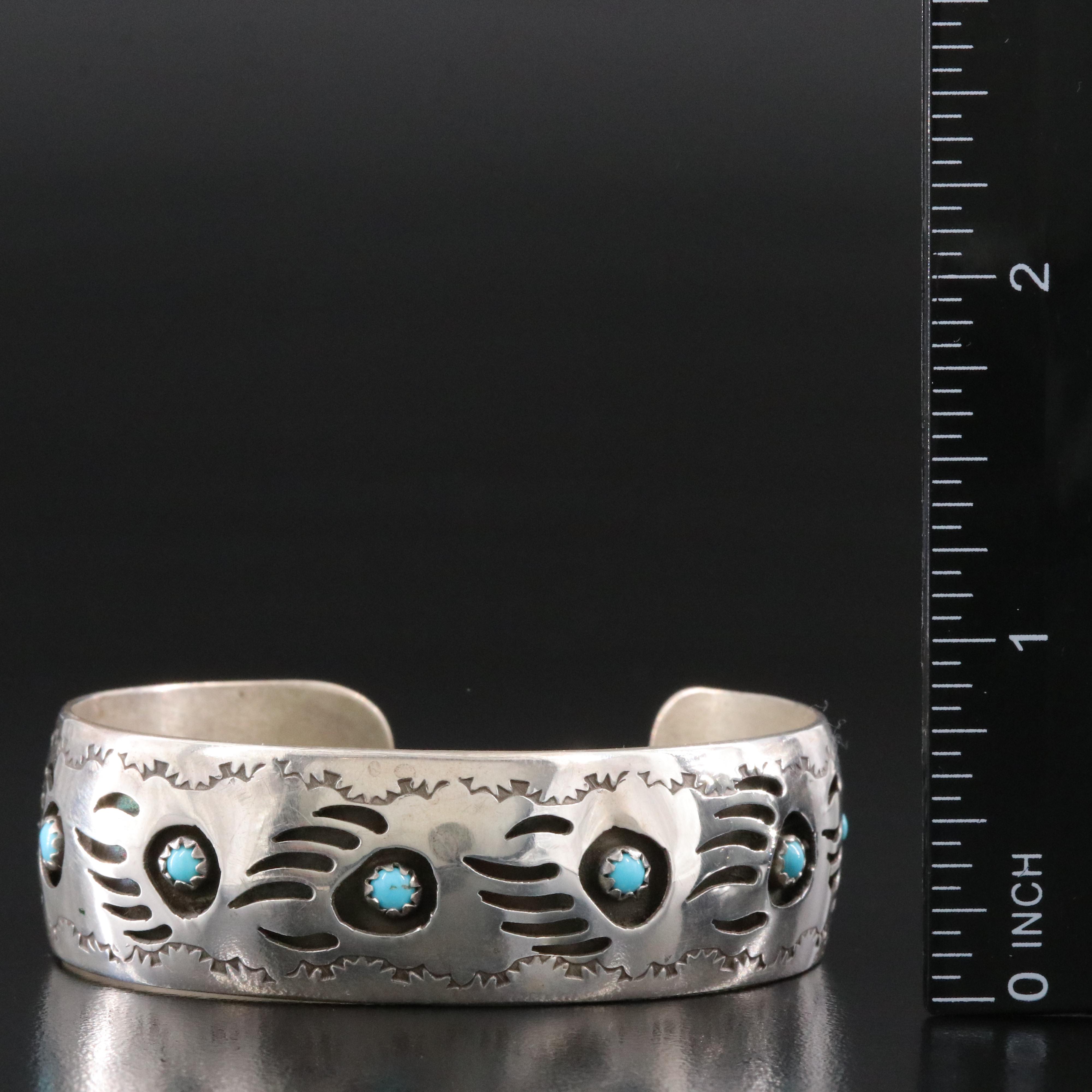 Pearlene Spencer Sterling Bear Paw Shadowbox Turquoise Cuff Bracelet