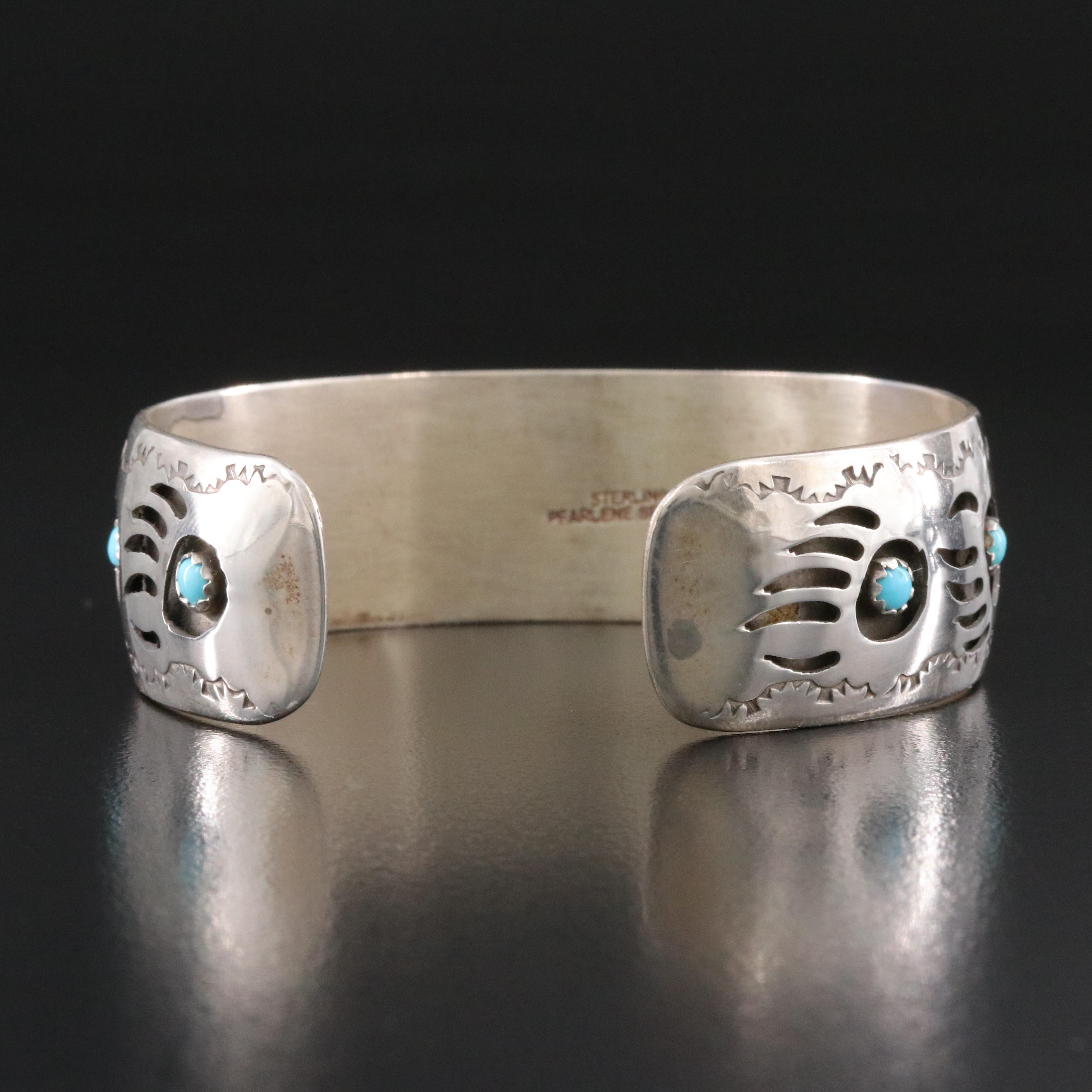 Pearlene Spencer Sterling Bear Paw Shadowbox Turquoise Cuff Bracelet