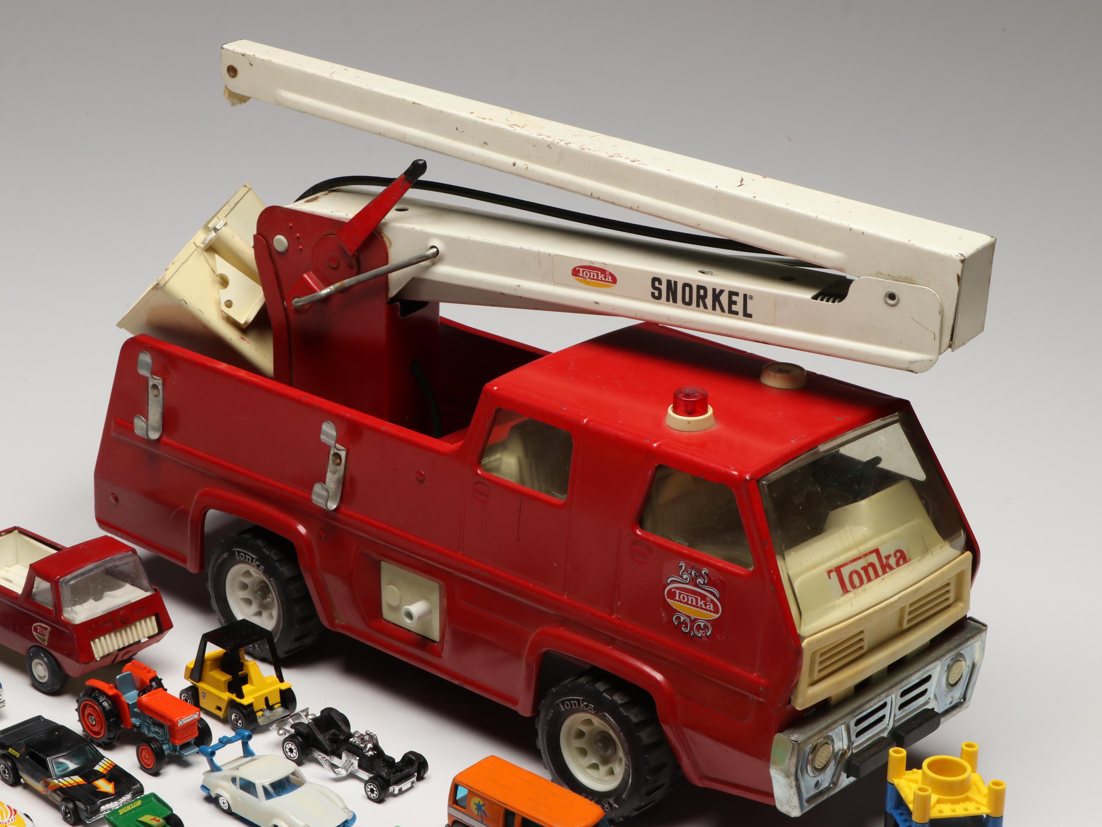 Tonka Snorkel Fire Truck with Hot Wheels and Other Vintage Toy Cars